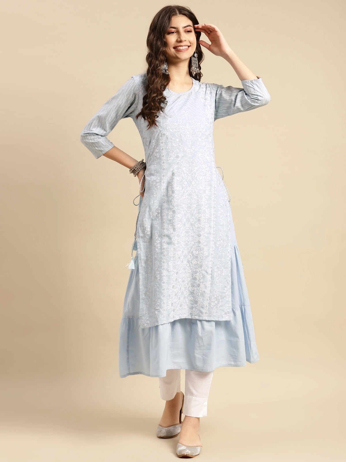 Buy 100% Cotton Ethnic Silver Printed Calf Length Partywear Layered Kurta-Light Blue