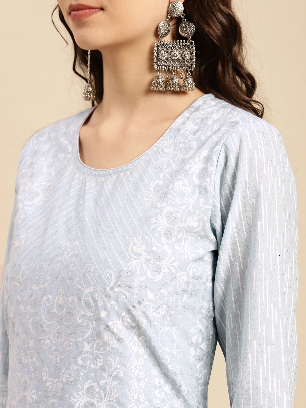 Buy 100% Cotton Ethnic Silver Printed Calf Length Partywear Layered Kurta-Light Blue