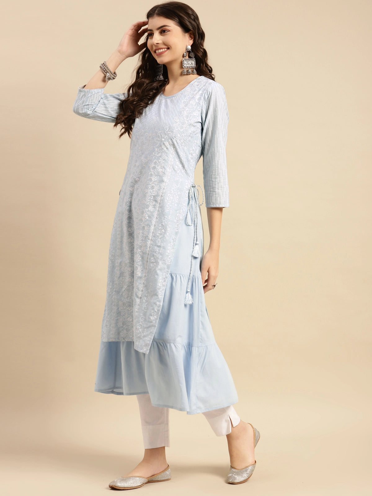 Buy 100% Cotton Ethnic Silver Printed Calf Length Partywear Layered Kurta-Light Blue