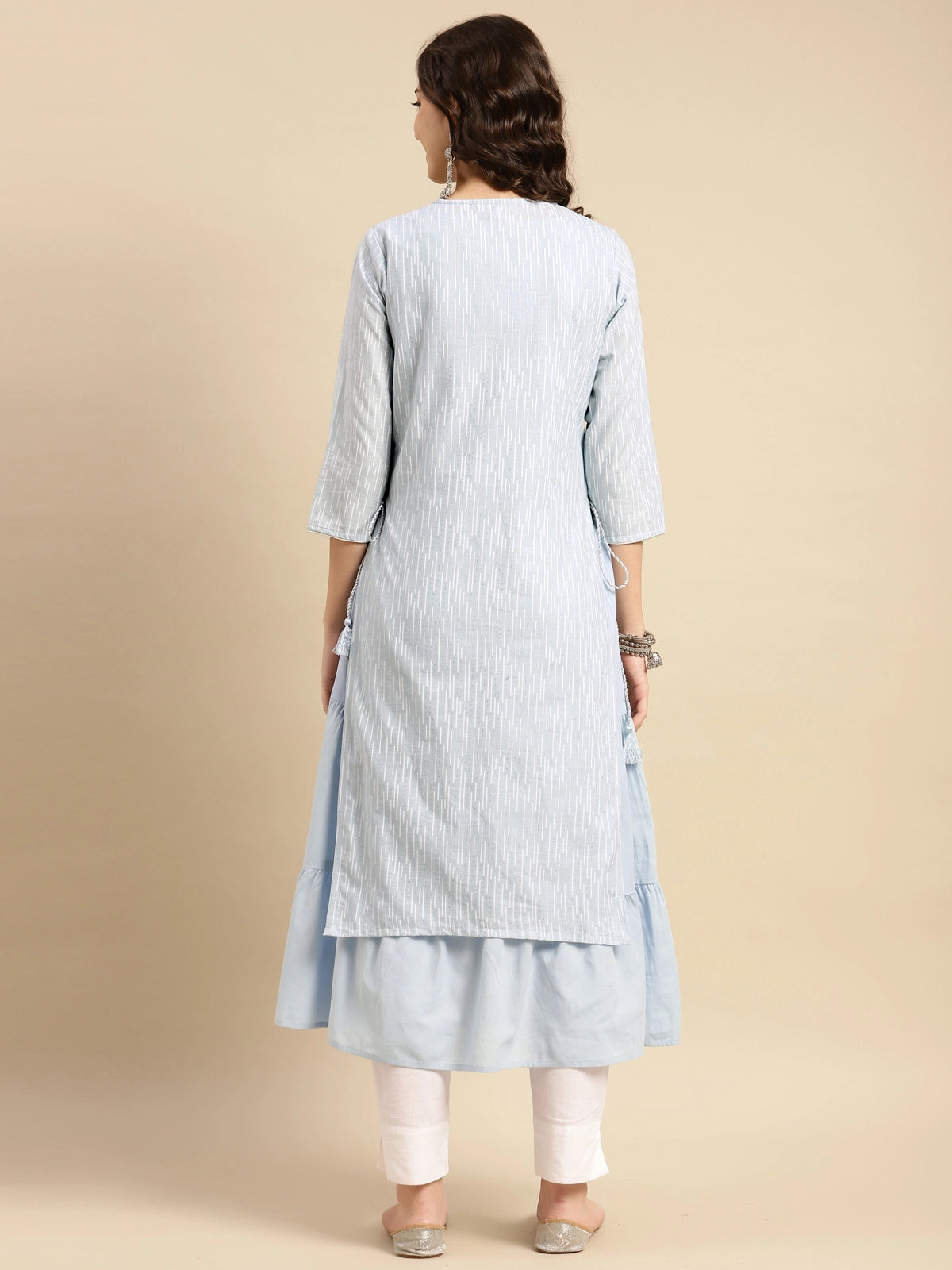 Buy 100% Cotton Ethnic Silver Printed Calf Length Partywear Layered Kurta-Light Blue