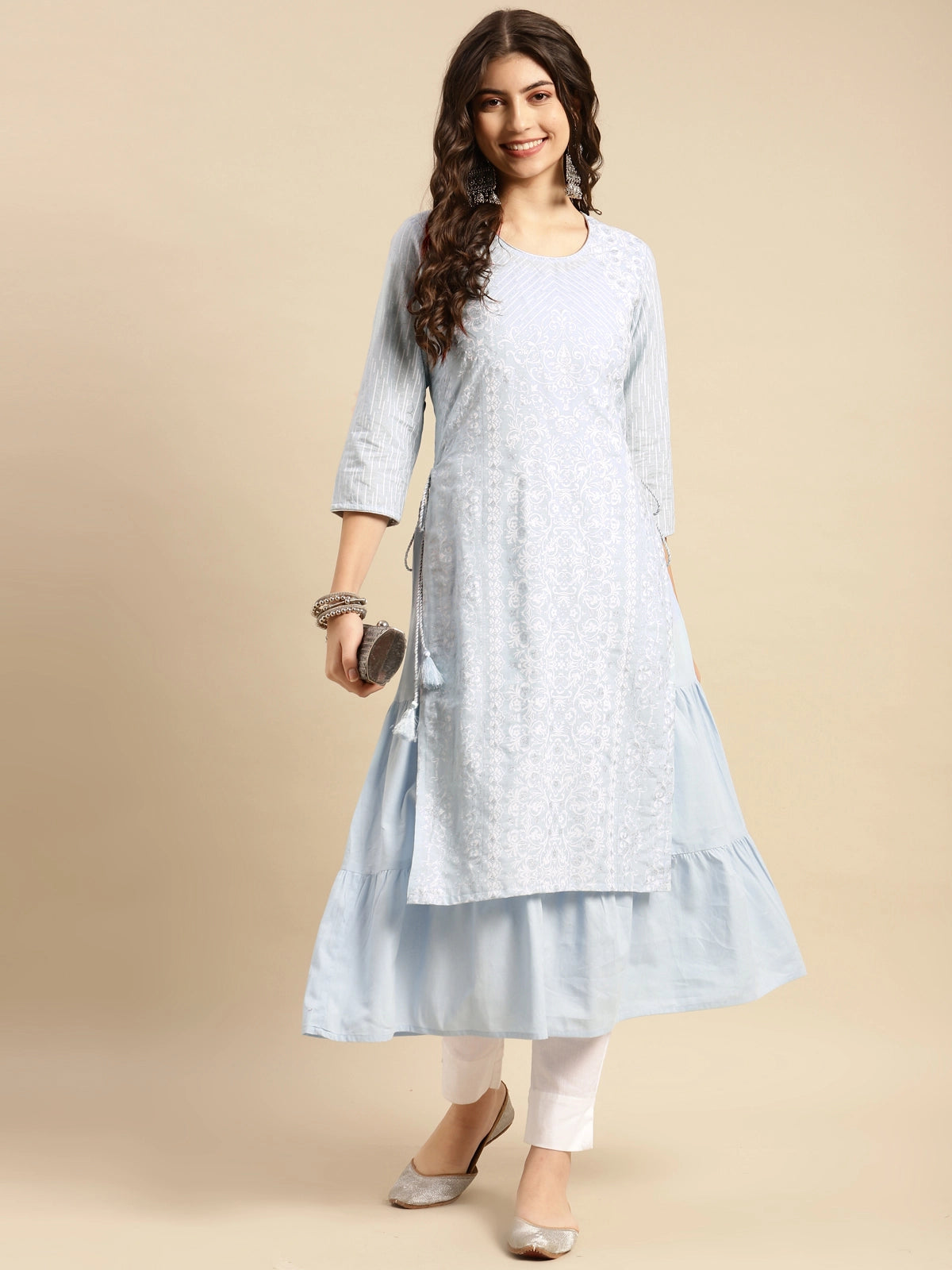 Buy 100% Cotton Ethnic Silver Printed Calf Length Partywear Layered Kurta-Light Blue