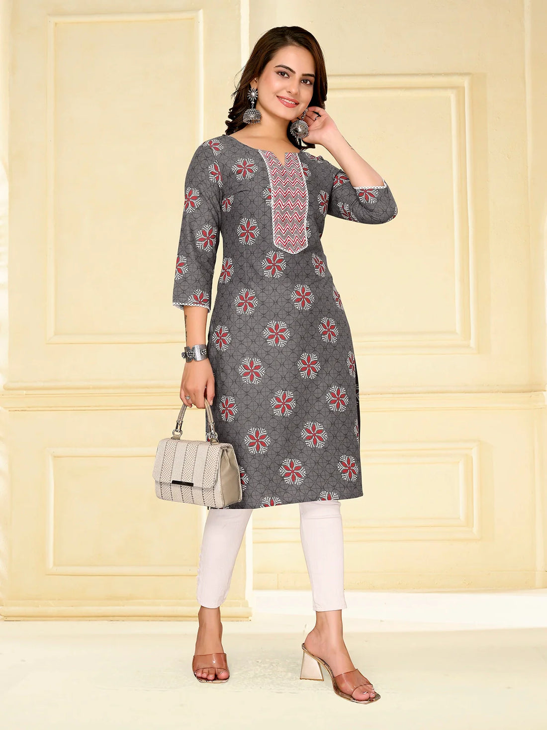 Buy Cotton Printed Knee Length Straight Kurta-Dark Grey