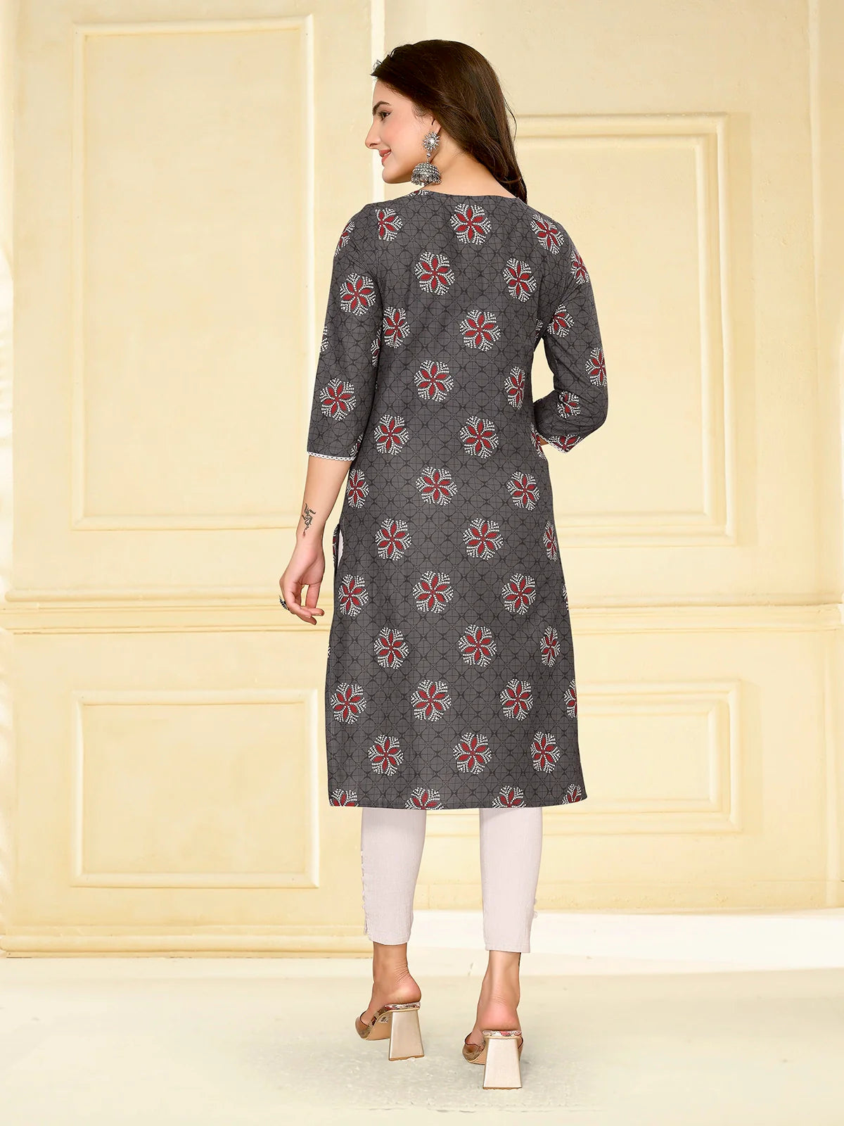 Buy Cotton Printed Knee Length Straight Kurta-Dark Grey