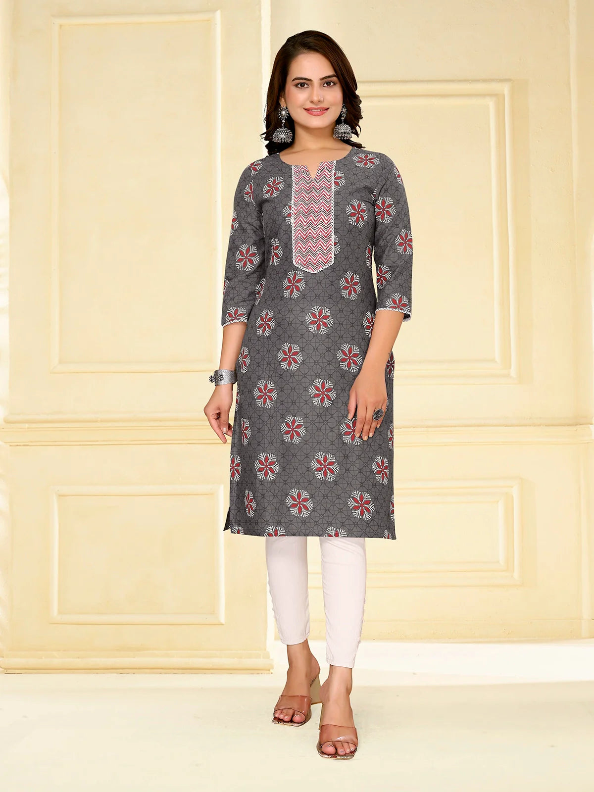 Buy Cotton Printed Knee Length Straight Kurta-Dark Grey