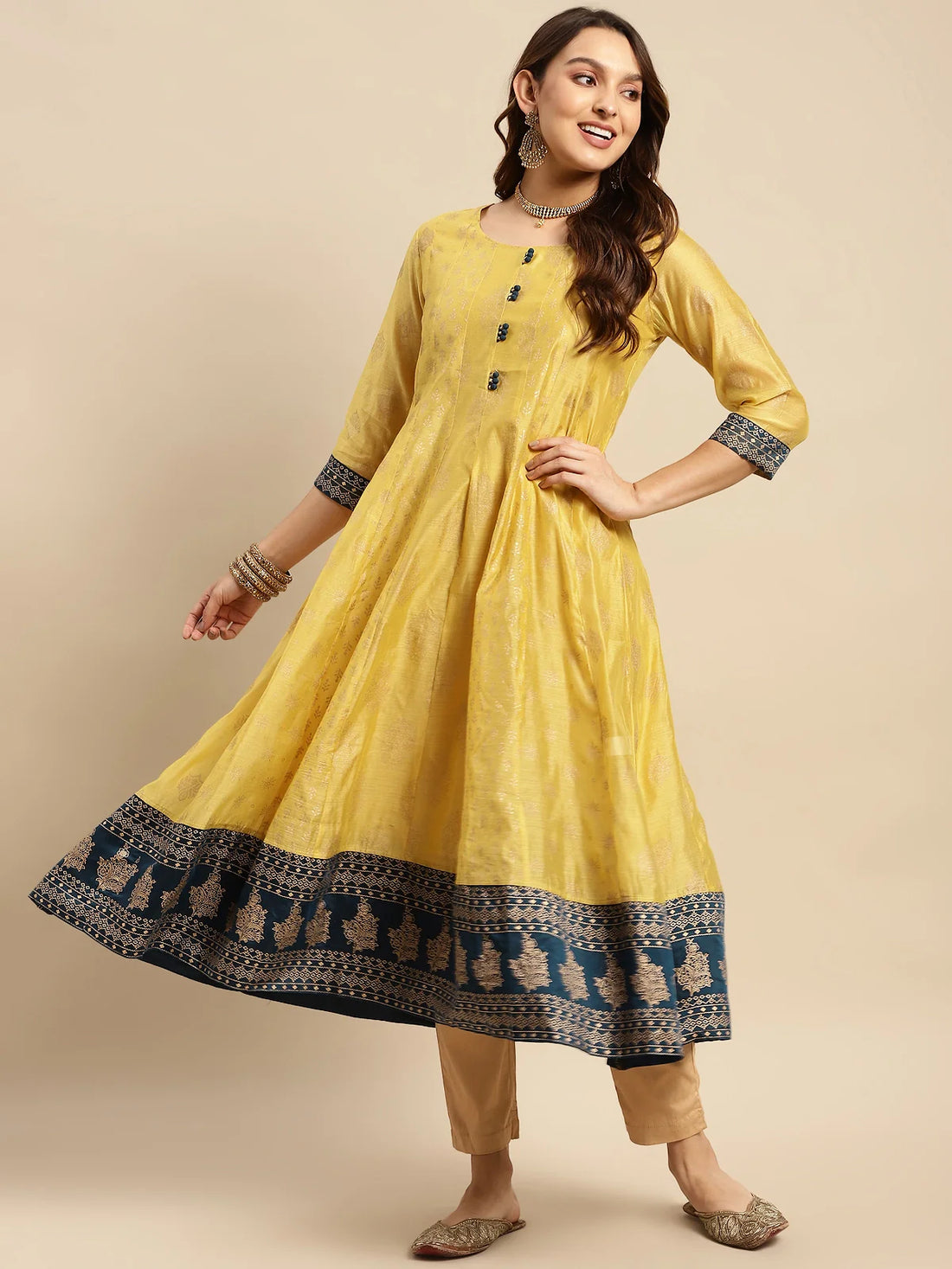 Buy Chanderi Gold Printed Calf Length Kalidar Kurta With Contrast Border At Bottom Hem-Yellow