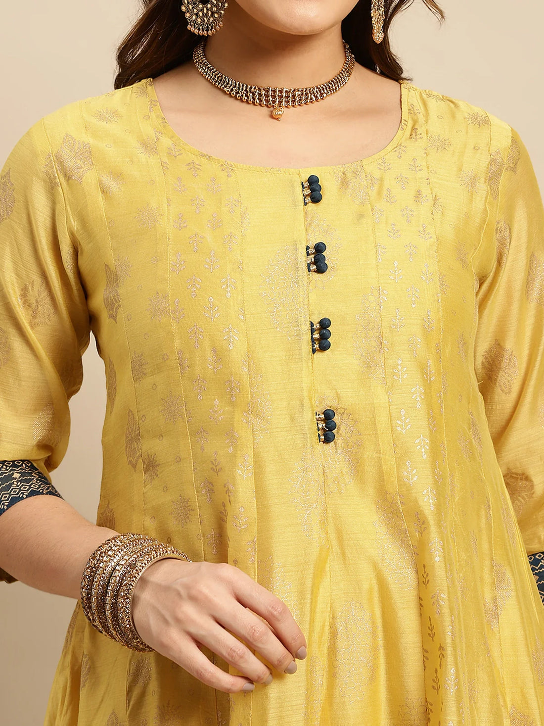 Buy Chanderi Gold Printed Calf Length Kalidar Kurta With Contrast Border At Bottom Hem-Yellow