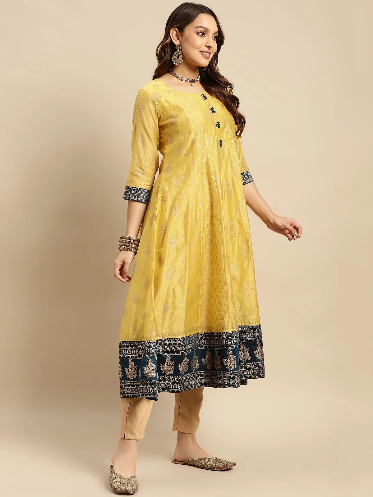 Buy Chanderi Gold Printed Calf Length Kalidar Kurta With Contrast Border At Bottom Hem-Yellow