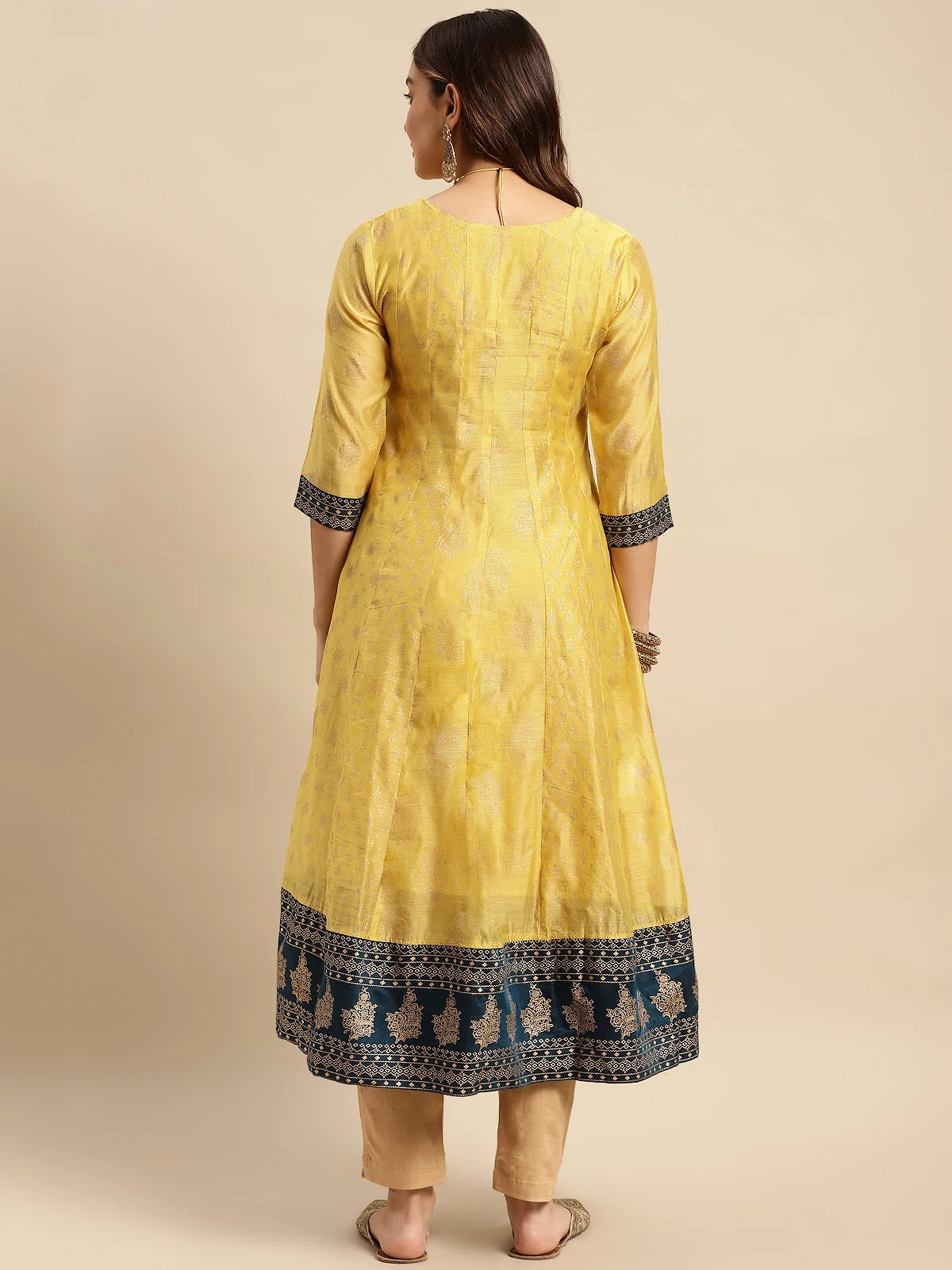 Buy Chanderi Gold Printed Calf Length Kalidar Kurta With Contrast Border At Bottom Hem-Yellow