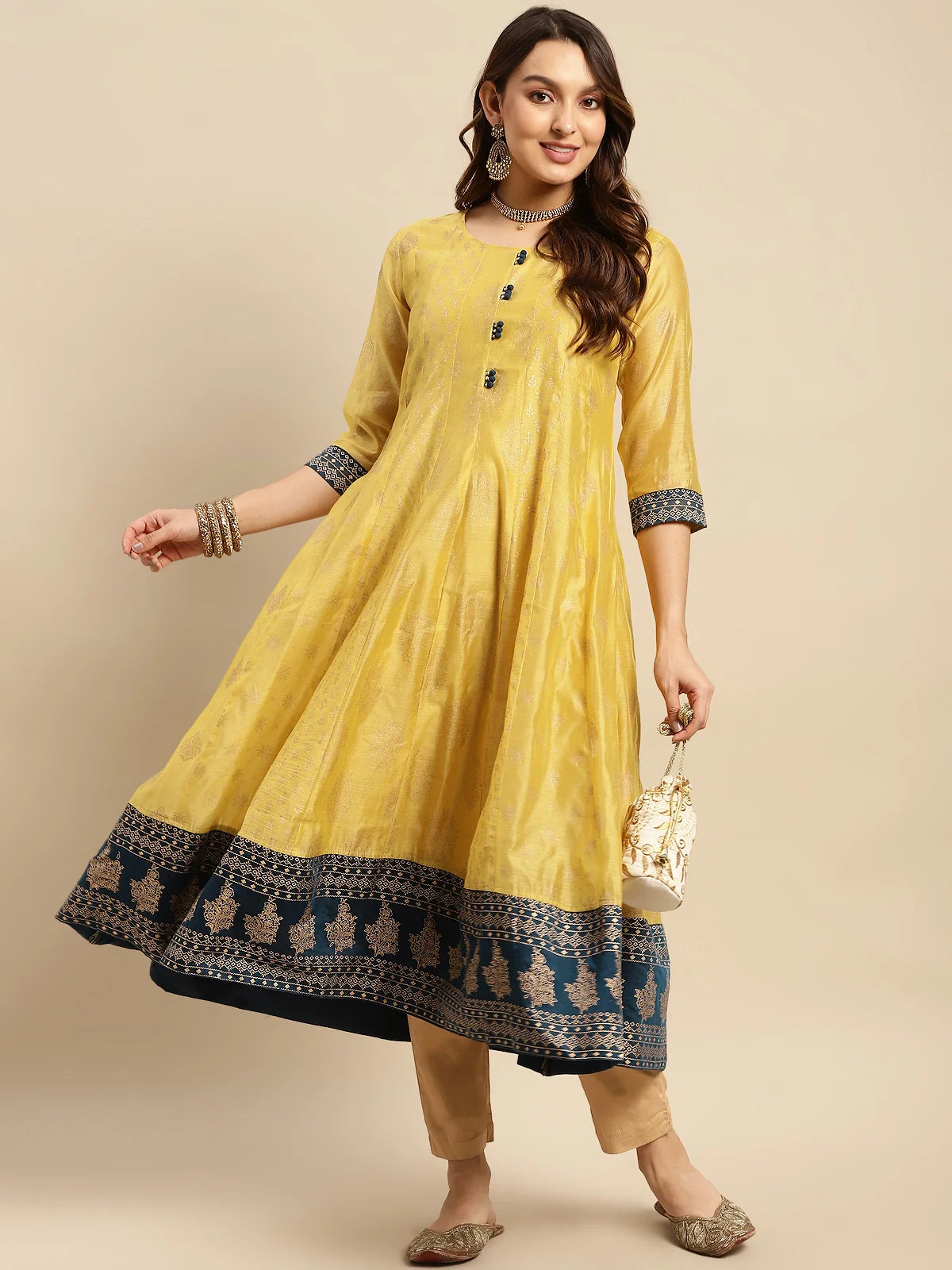 Buy Chanderi Gold Printed Calf Length Kalidar Kurta With Contrast Border At Bottom Hem-Yellow