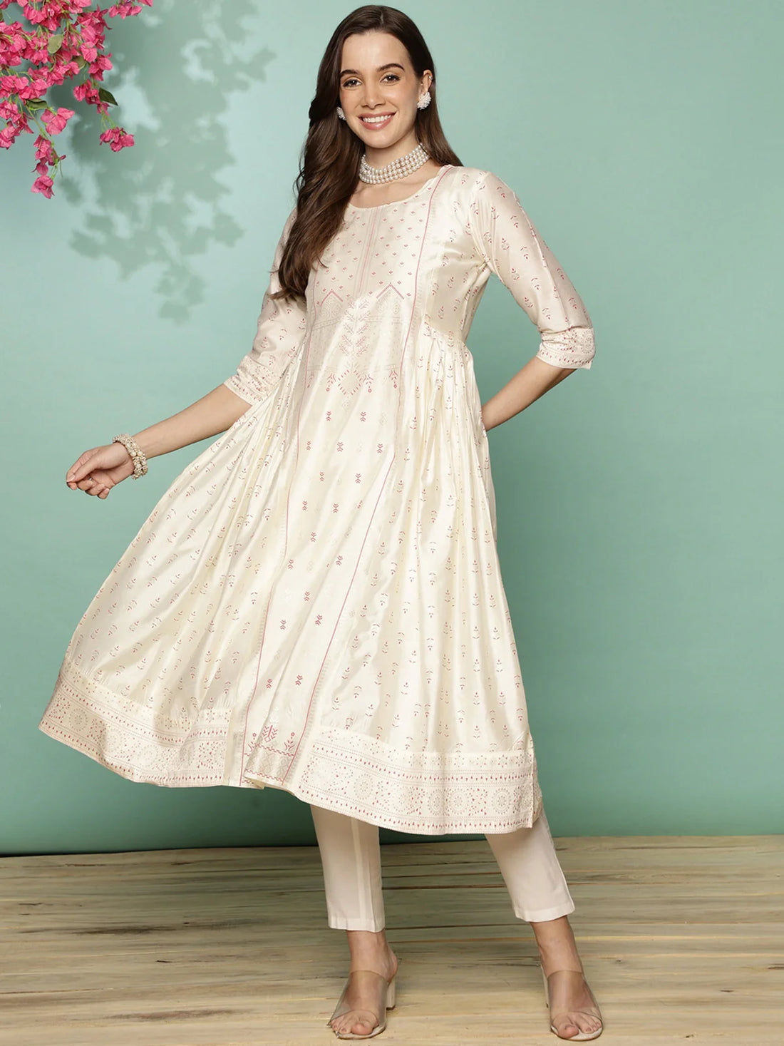 Buy Printed Calf Length Partywear Anarkali Kurta with Gathers At Side-Off White