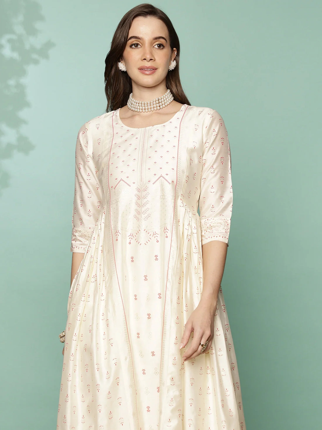 Buy Printed Calf Length Partywear Anarkali Kurta with Gathers At Side-Off White