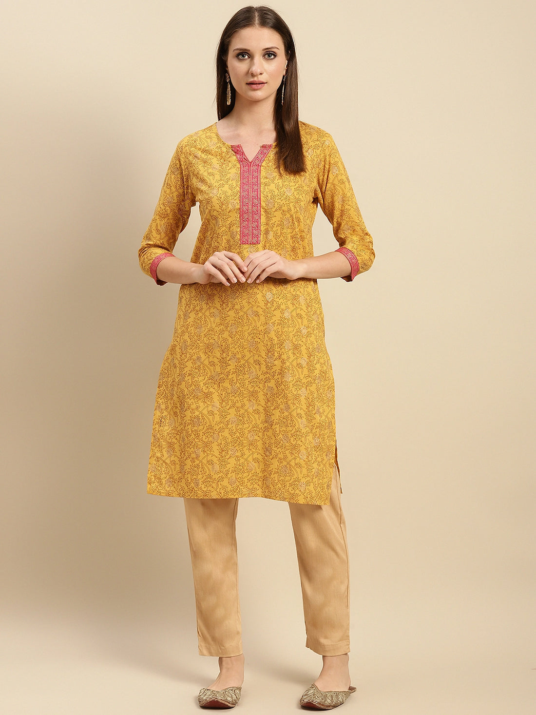 Buy 100% Cotton Contrast Placket Floral Printed Knee Length Straight Kurta-Yellow