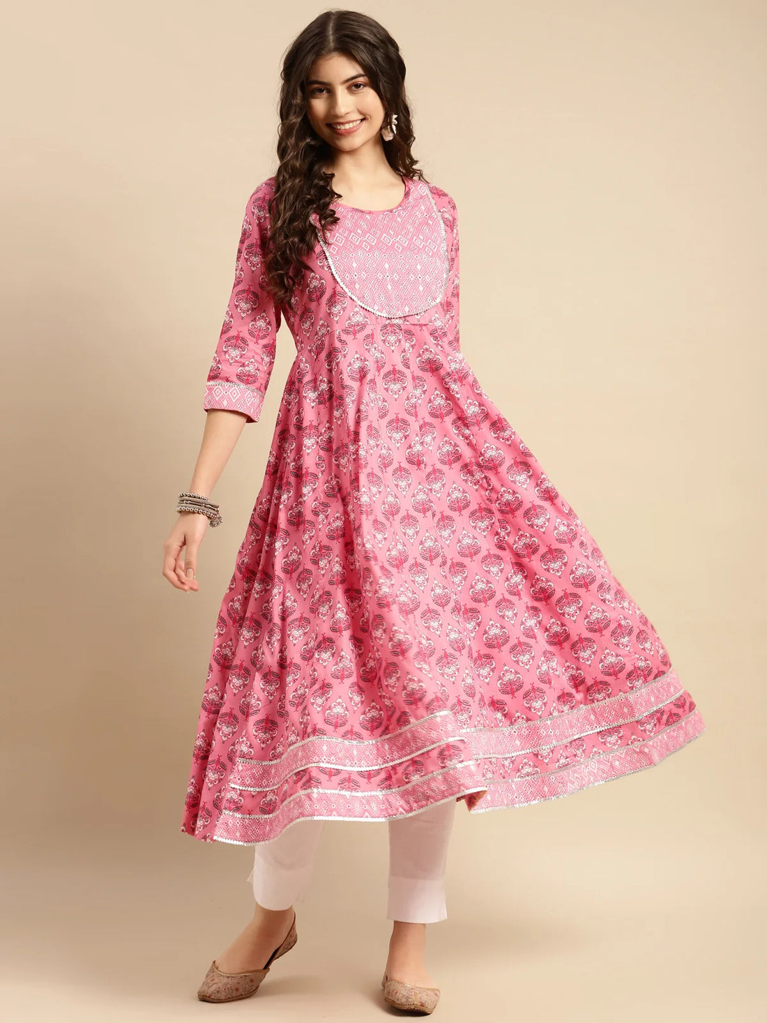 Buy 100% Cotton Ethnic Print Calf Length Anarkali Kurta-Pink