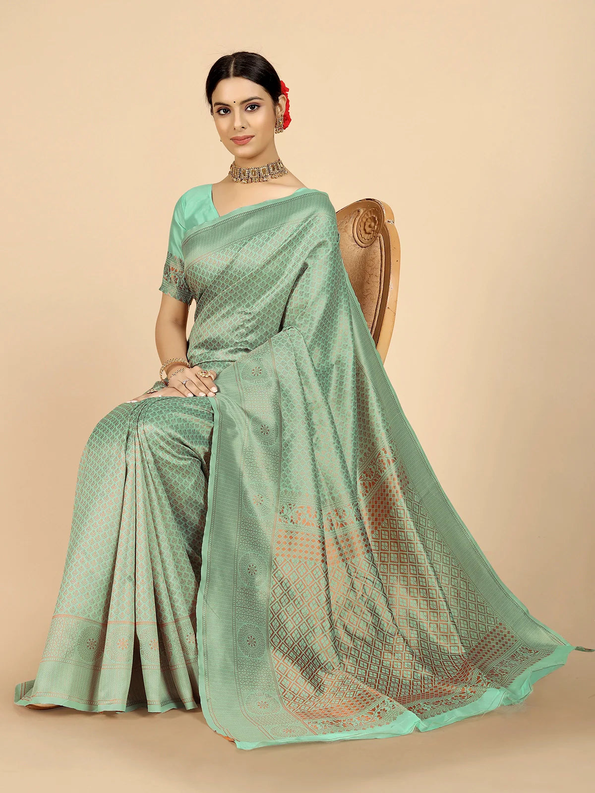 Buy Ethnic Motifs Banarasi Silk Saree With Blouse Piece-Mint Green