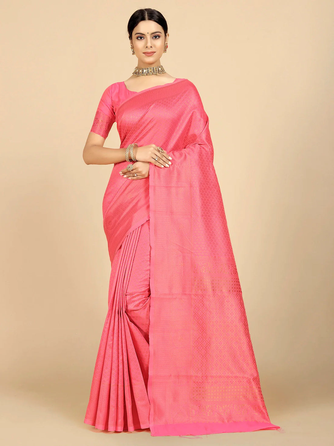 Buy Ethnic Motifs Banarasi Silk Saree With Blouse Piece-Pink