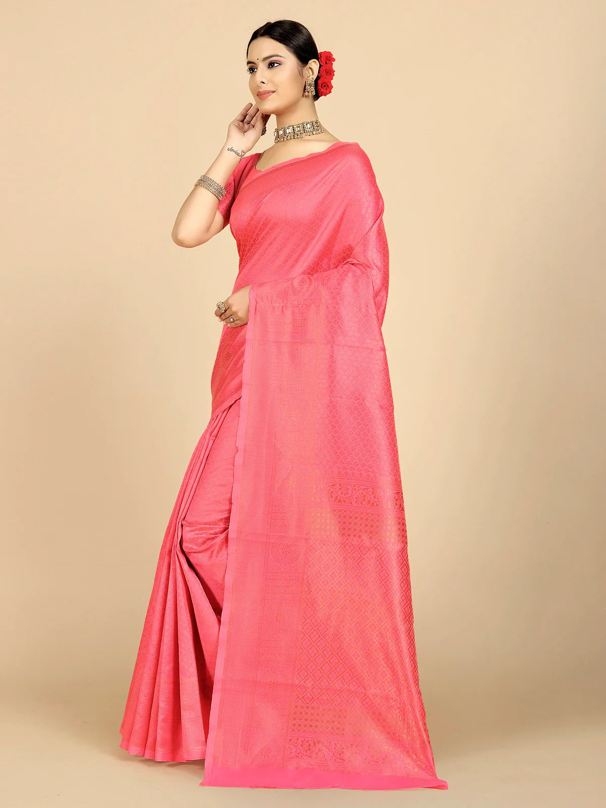 Buy Ethnic Motifs Banarasi Silk Saree With Blouse Piece-Pink