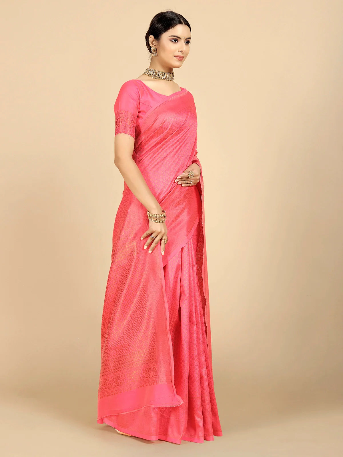 Buy Ethnic Motifs Banarasi Silk Saree With Blouse Piece-Pink