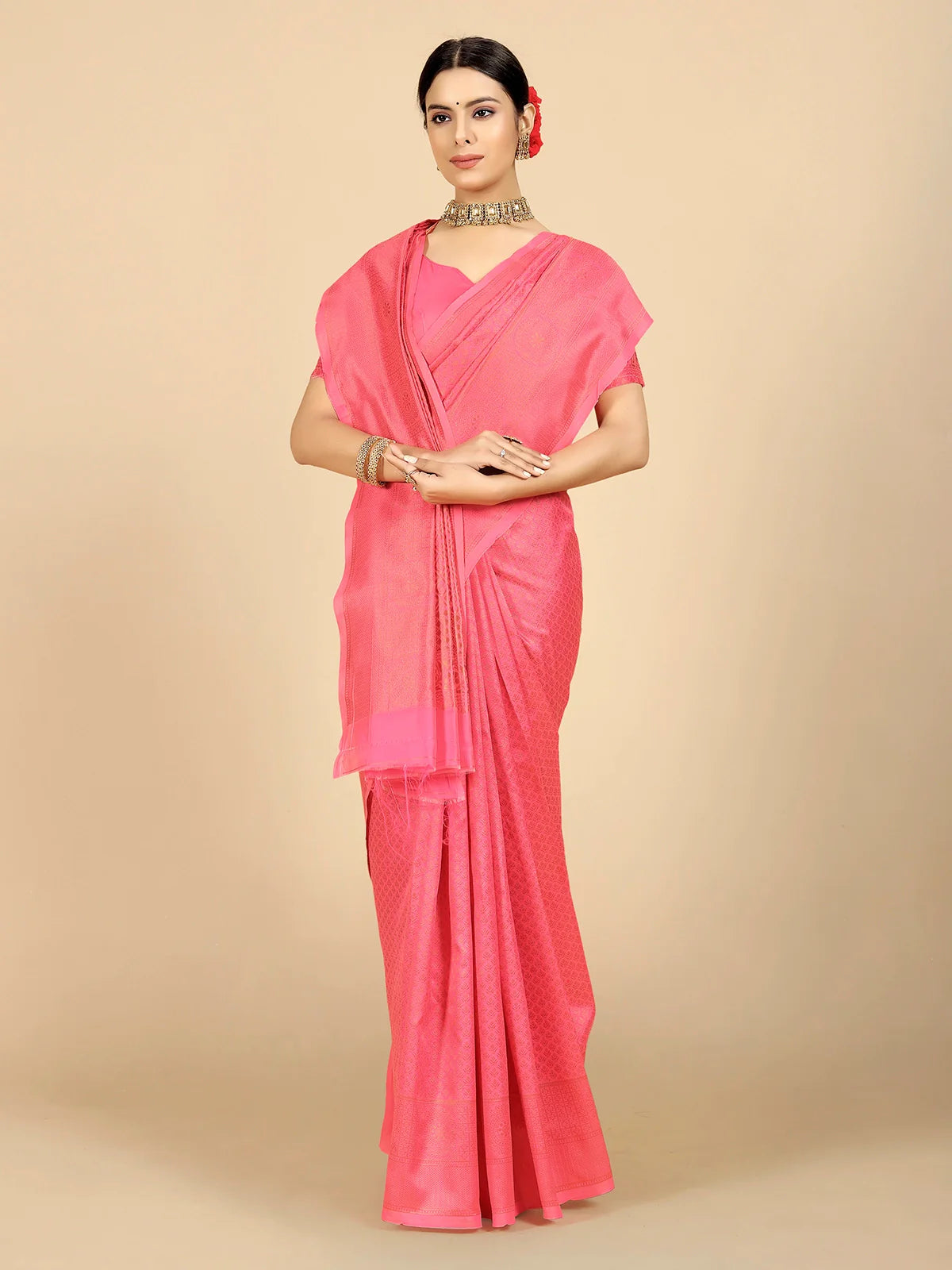 Buy Ethnic Motifs Banarasi Silk Saree With Blouse Piece-Pink