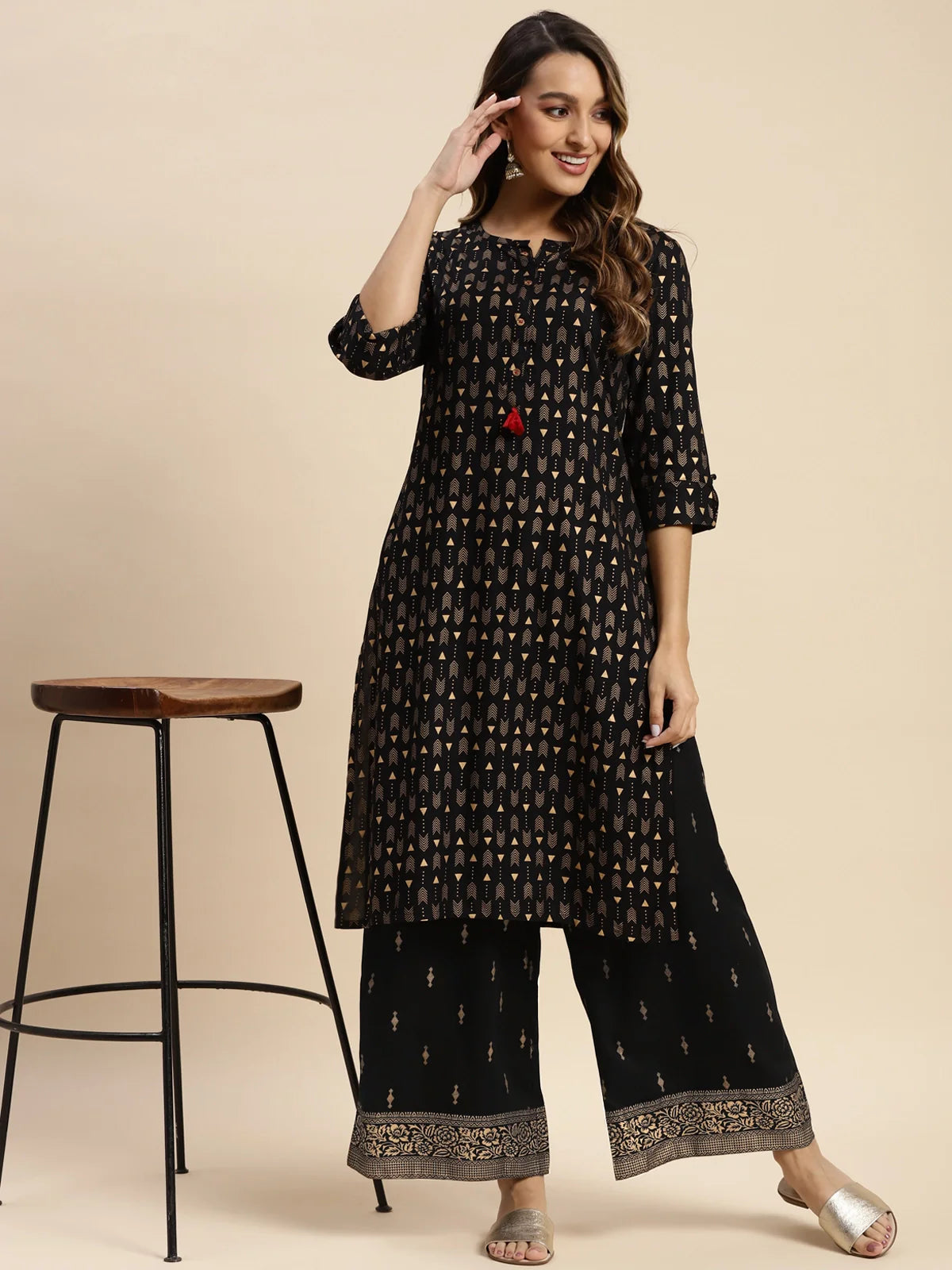 Buy Rayon Gold Printed Ankle Length Printed Palazzos (Pack of 2)-Black & Dark Grey