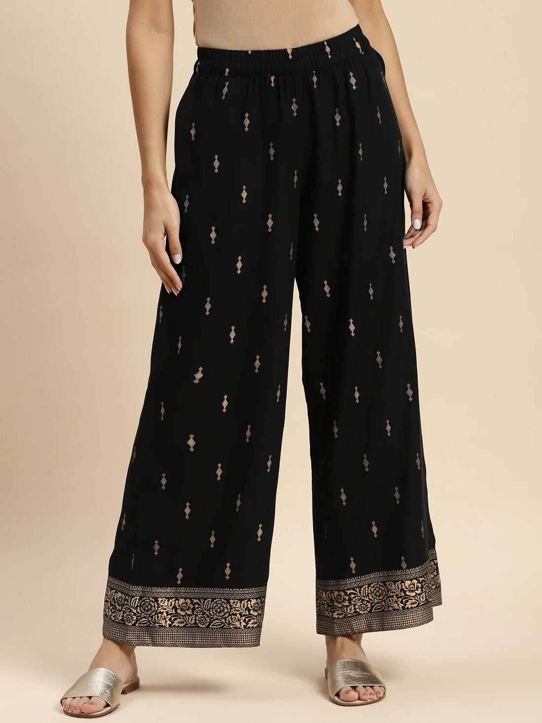 Buy Rayon Gold Printed Ankle Length Printed Palazzo-Black