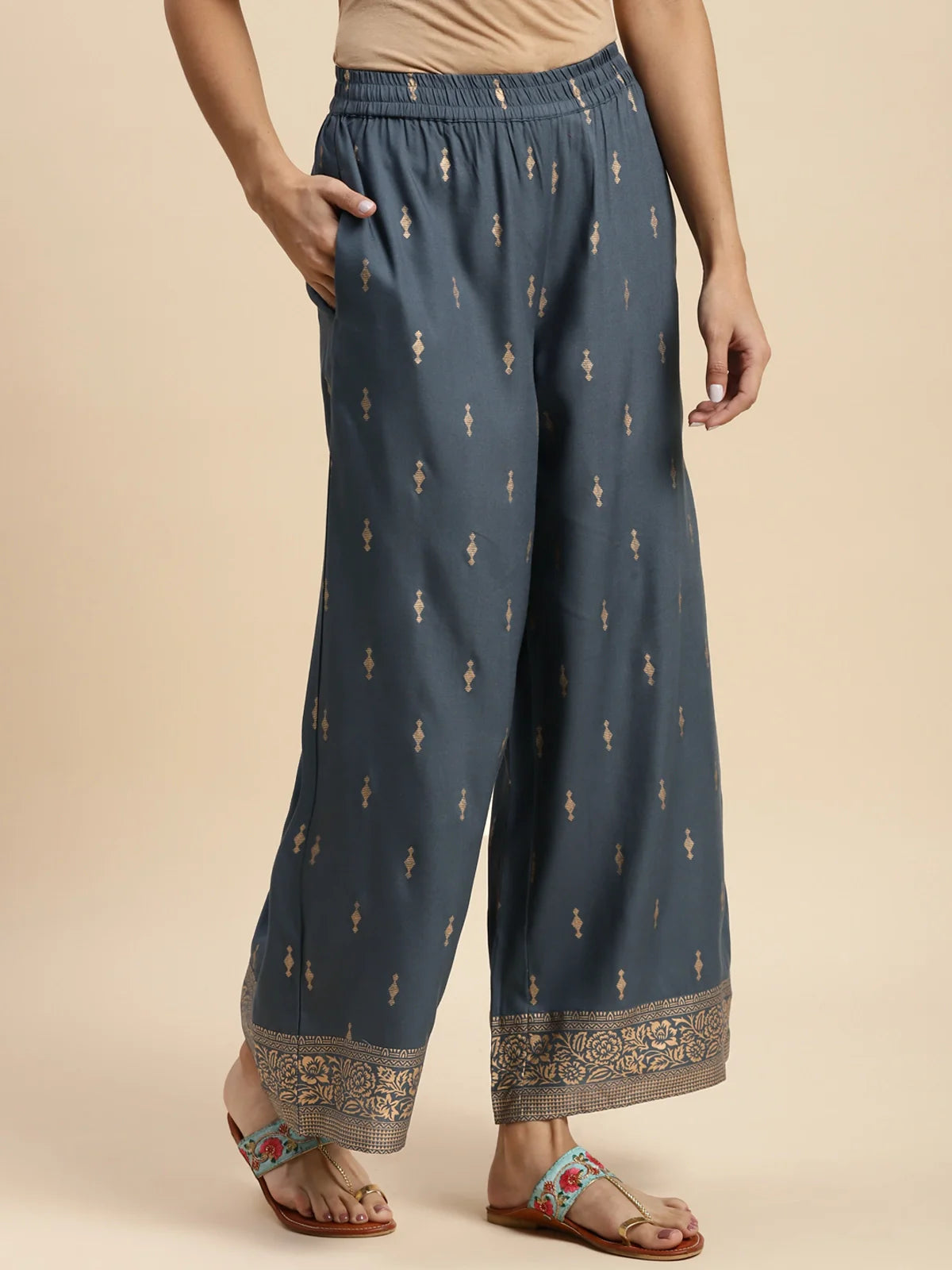 Buy Rayon Gold Printed Ankle Length Printed Palazzo-Dark Grey