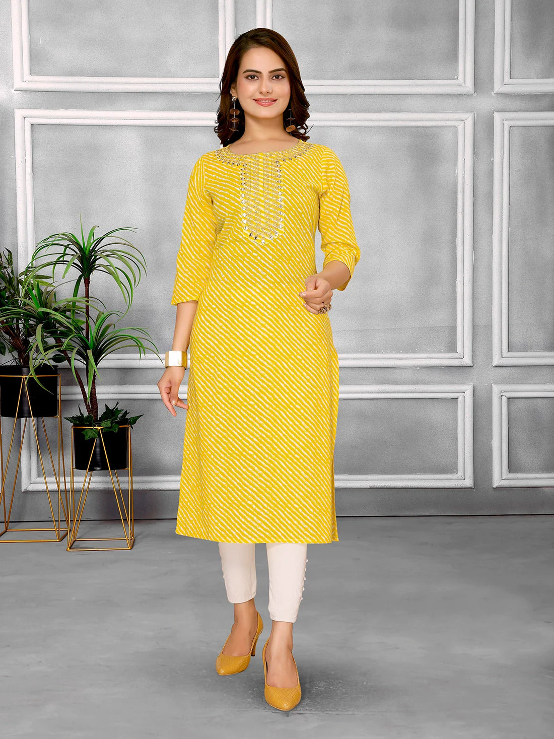 Buy Cotton Embroidered Calf Length Straight Kurta With Pant-Yellow