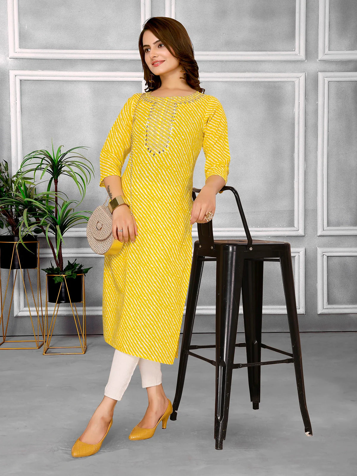 Buy Cotton Embroidered Calf Length Straight Kurta With Pant-Yellow