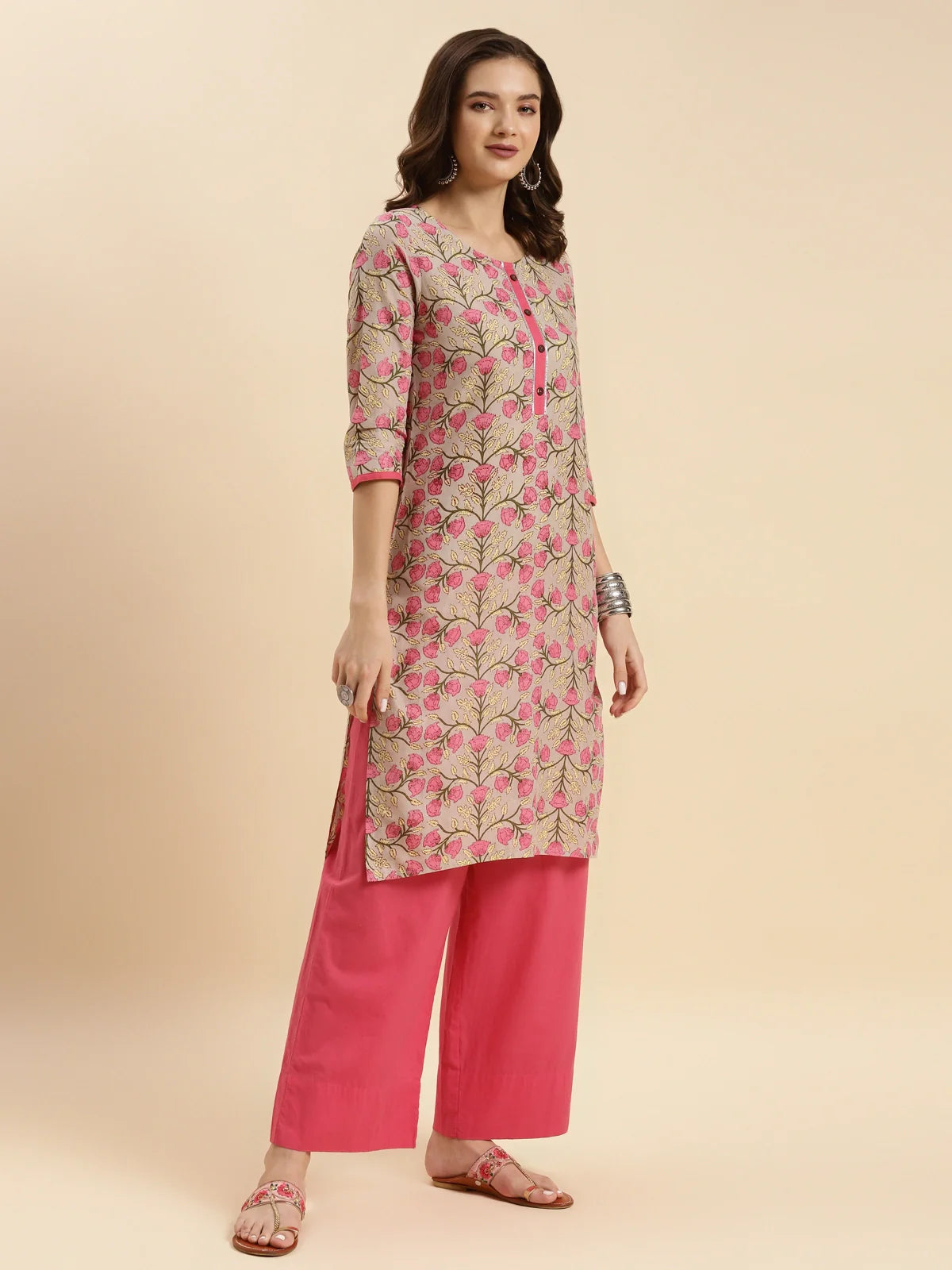 Buy Cotton Printed Knee Length Straight Kurta-Beige