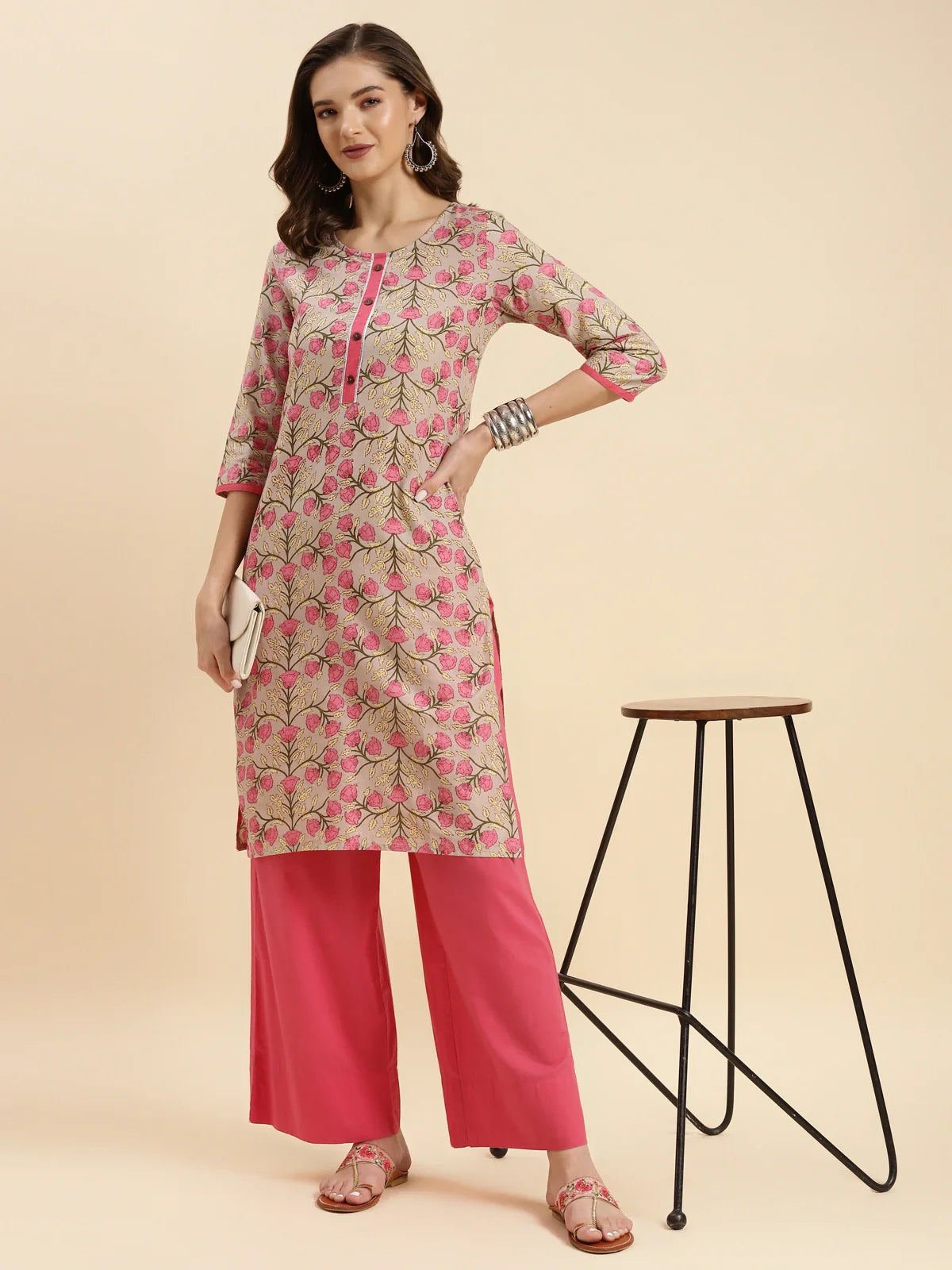 Buy Cotton Printed Knee Length Straight Kurta-Beige