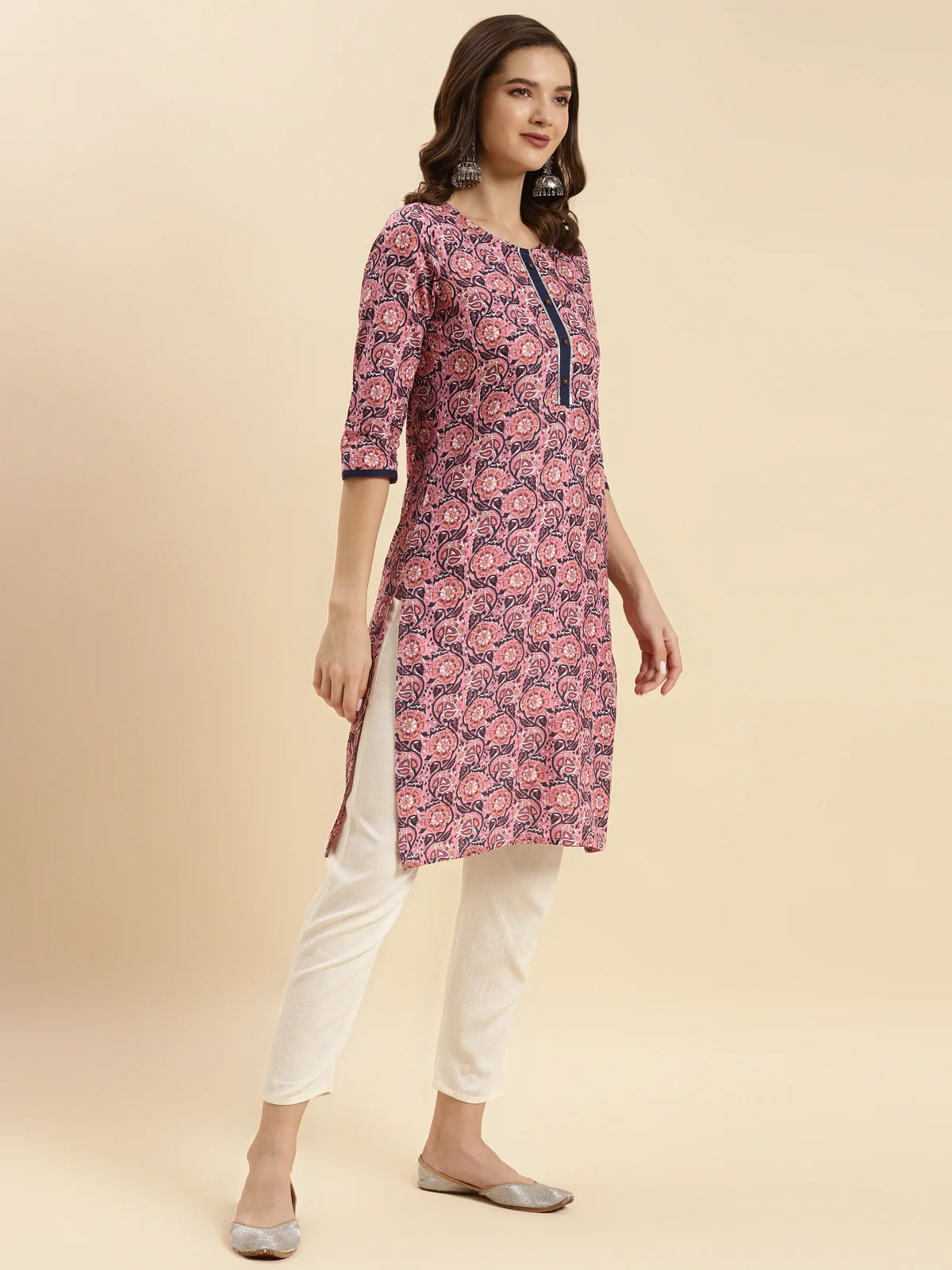 Buy Cotton Printed Knee Length Straight Kurta-Pink