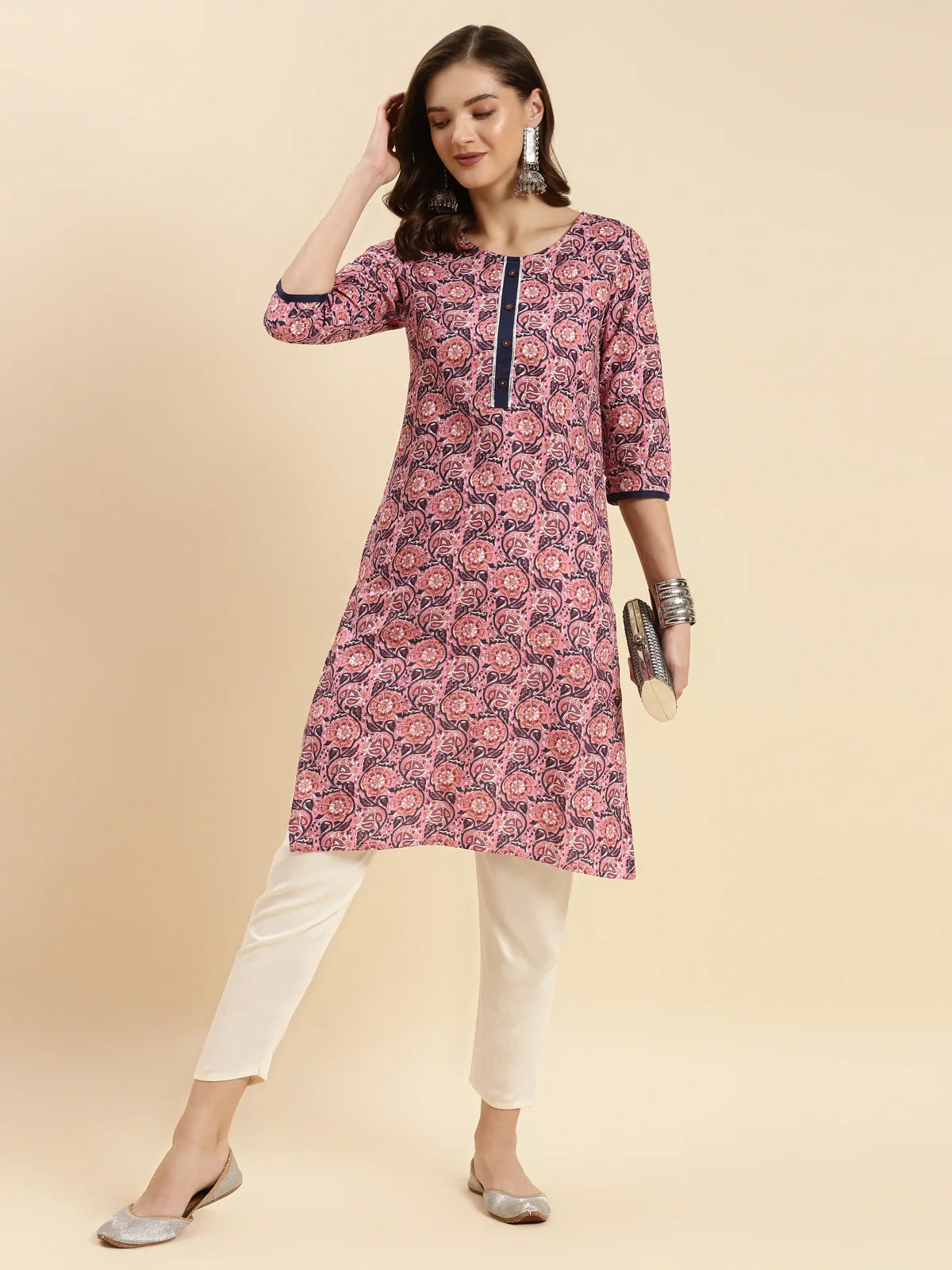 Buy Cotton Printed Knee Length Straight Kurta-Pink