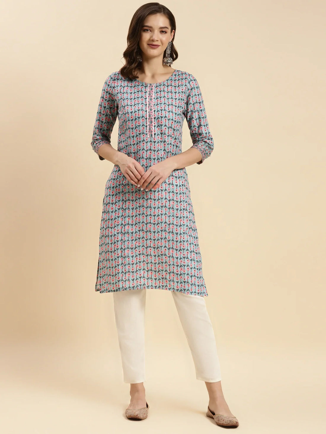 Buy Cotton Printed Knee Length Straight Kurta-Sea Green