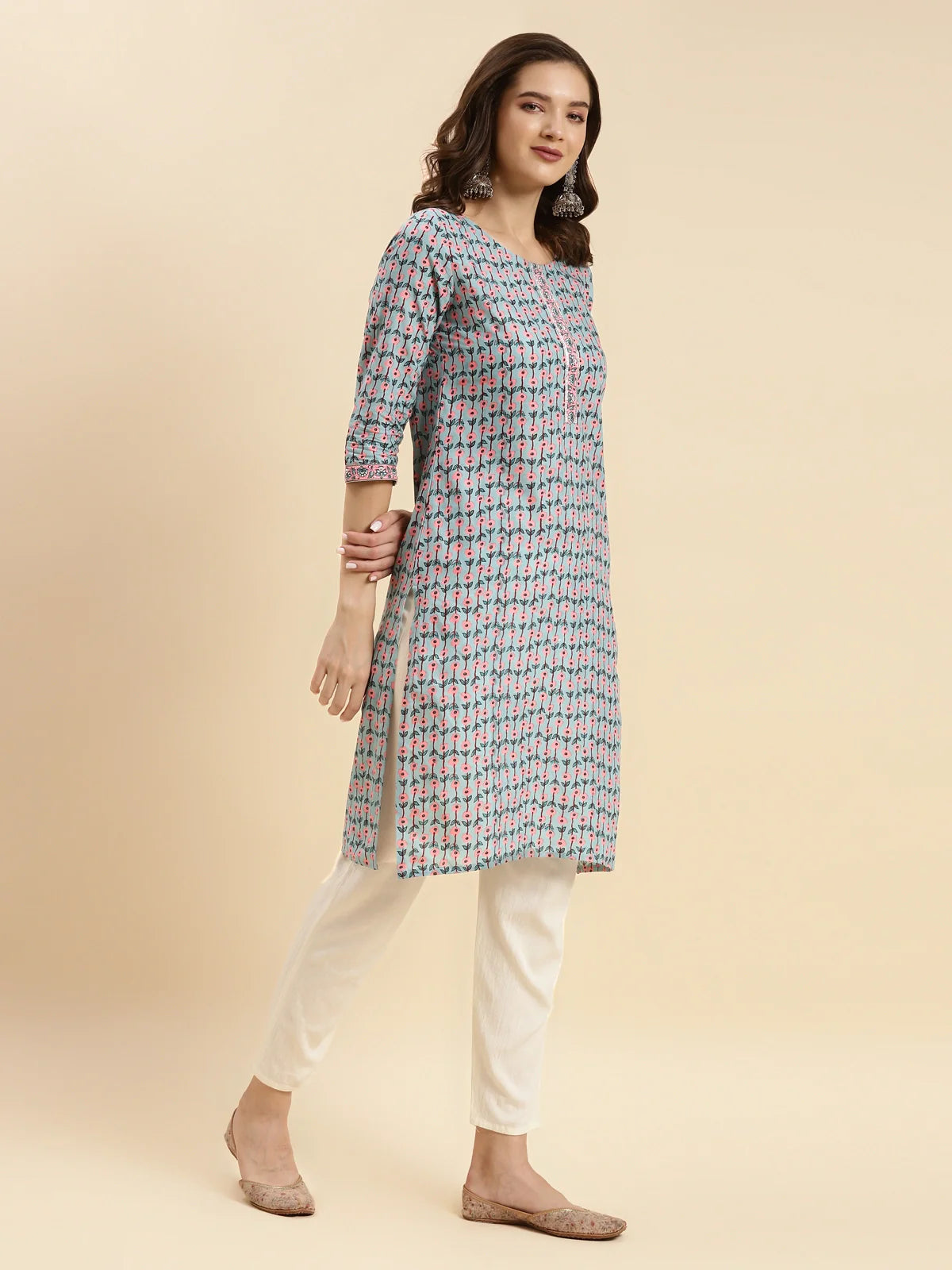 Buy Cotton Printed Knee Length Straight Kurta-Sea Green