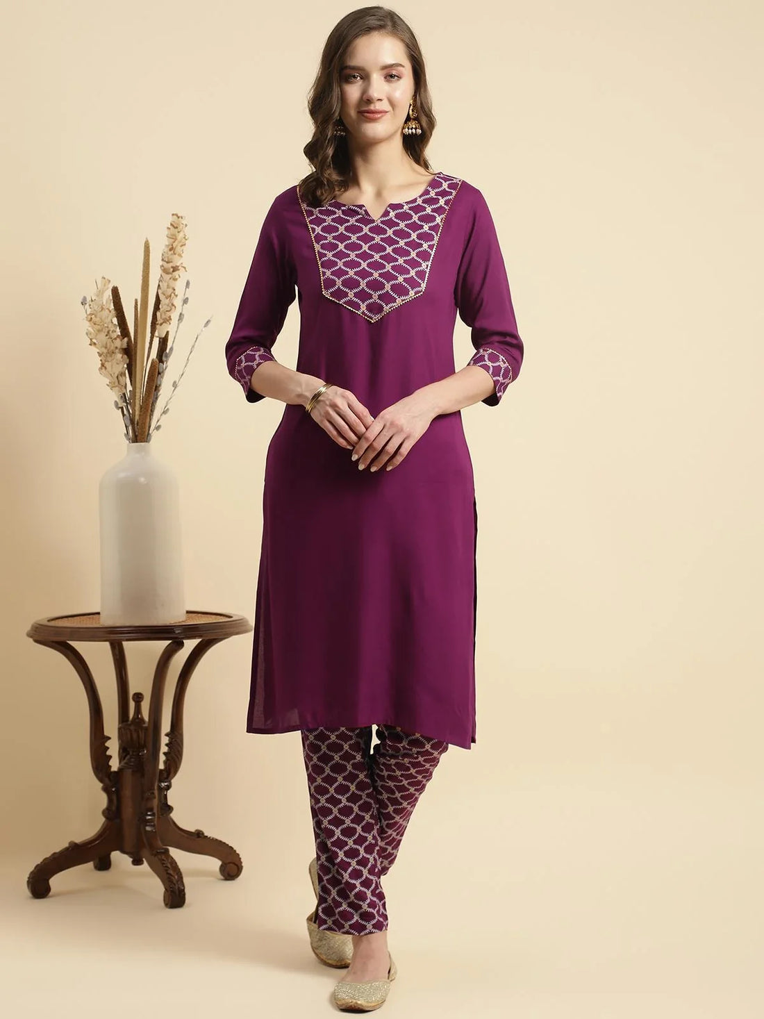 Buy Rayon Printed Knee Length Ethnic Motifs A-line Kurta With Pant-Magenta