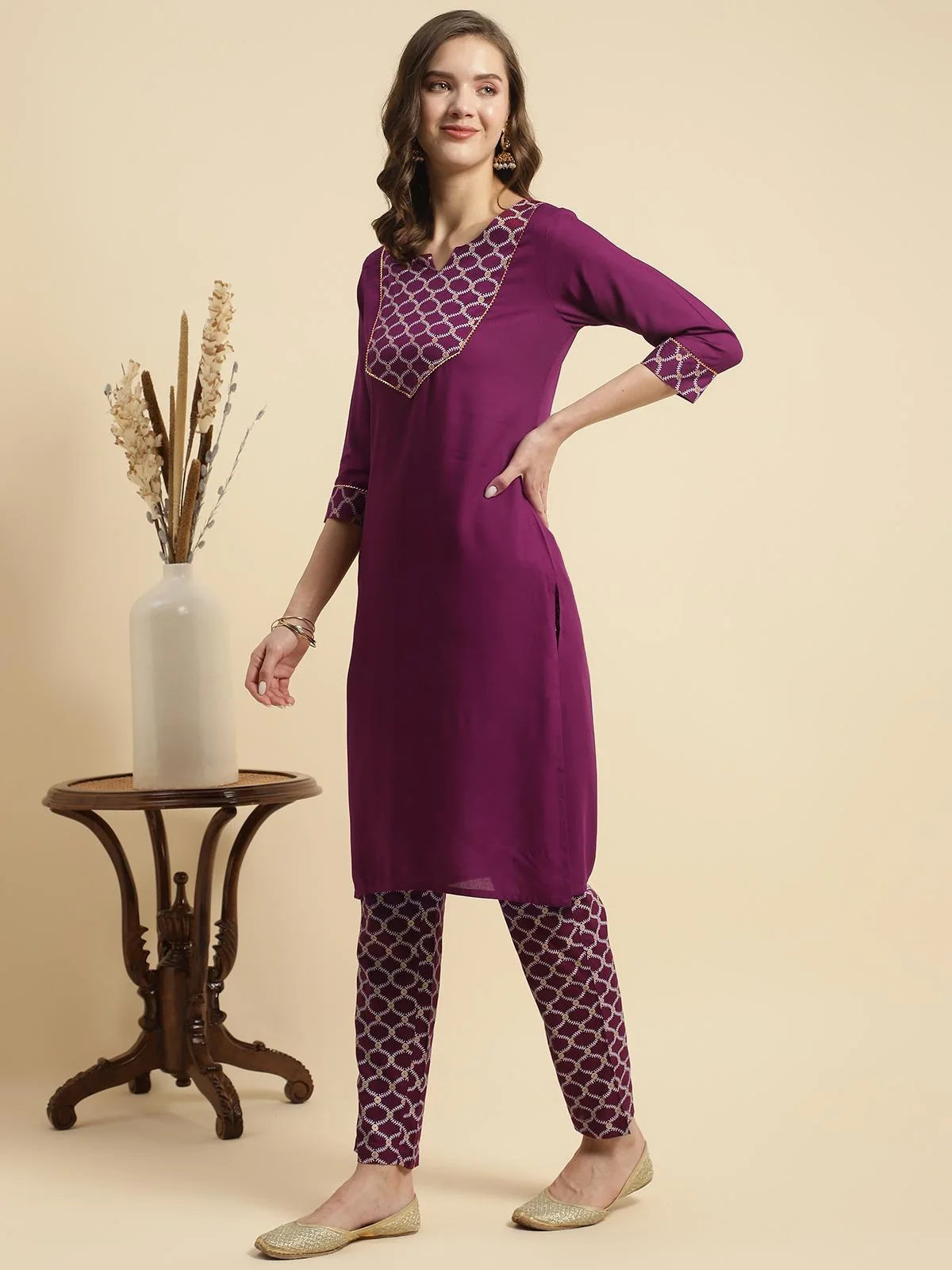 Buy Rayon Printed Knee Length Ethnic Motifs A-line Kurta With Pant-Magenta