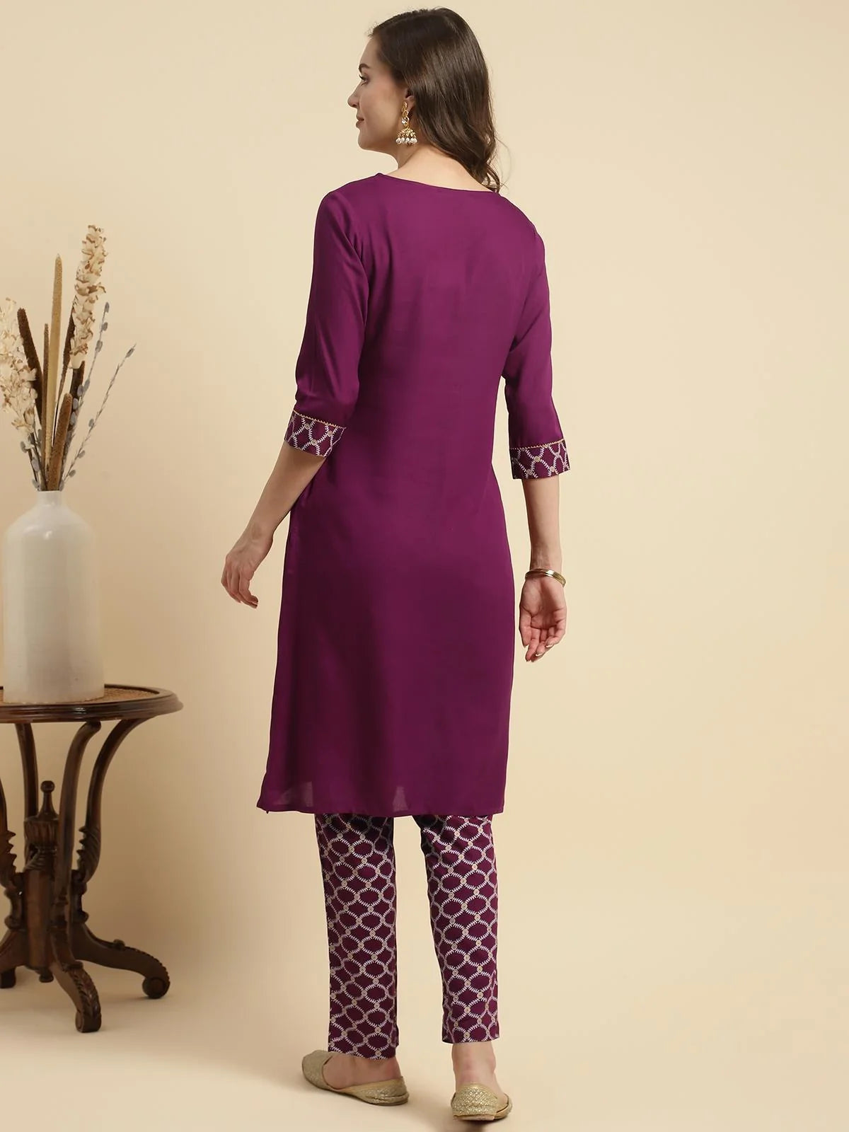 Buy Rayon Printed Knee Length Ethnic Motifs A-line Kurta With Pant-Magenta