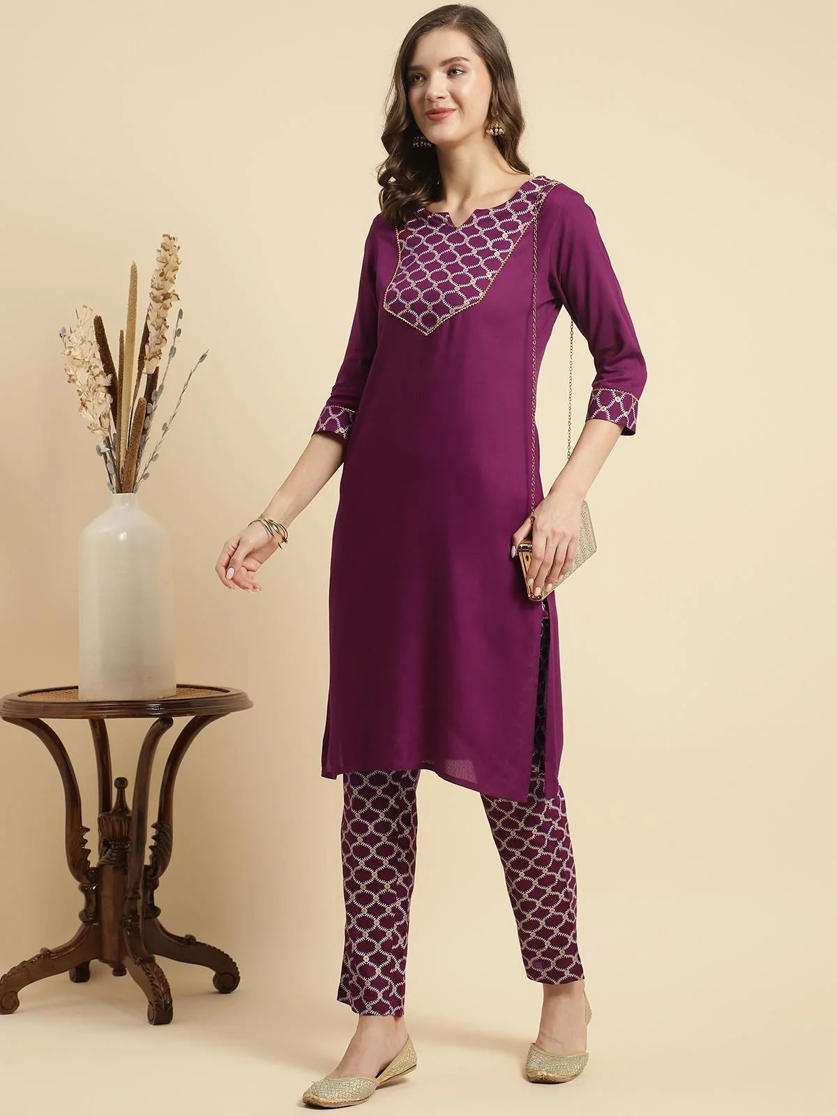 Buy Rayon Printed Knee Length Ethnic Motifs A-line Kurta With Pant-Magenta