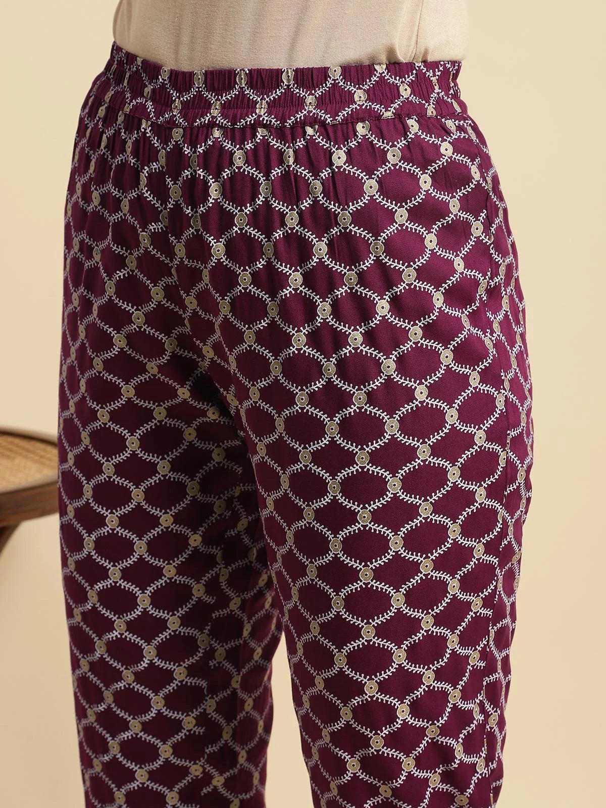 Buy Rayon Printed Knee Length Ethnic Motifs A-line Kurta With Pant-Magenta