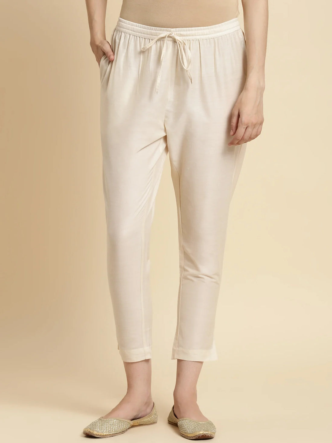 Buy Solid Ankle Length Pencil Pant-Cream