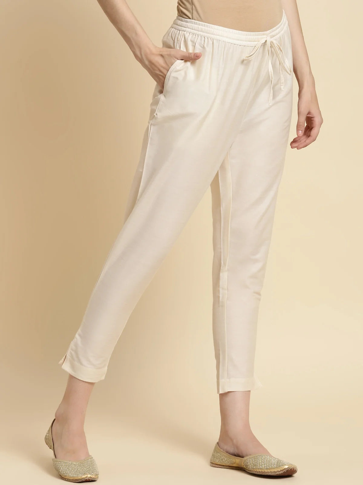 Buy Solid Ankle Length Pencil Pant-Cream