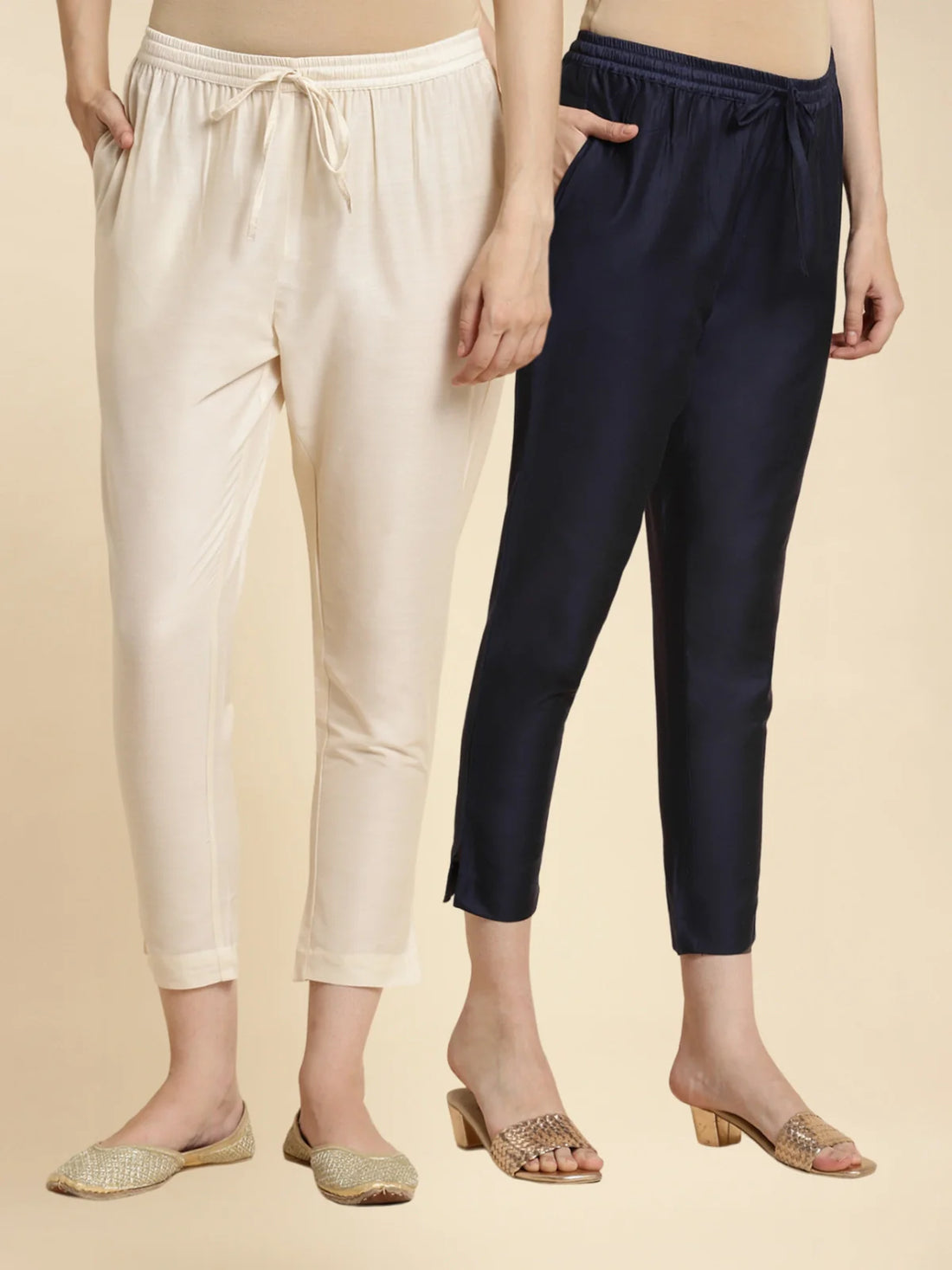 Buy Solid Ankle Length Pencil Pants (Pack of 2)-Cream & Navy Blue