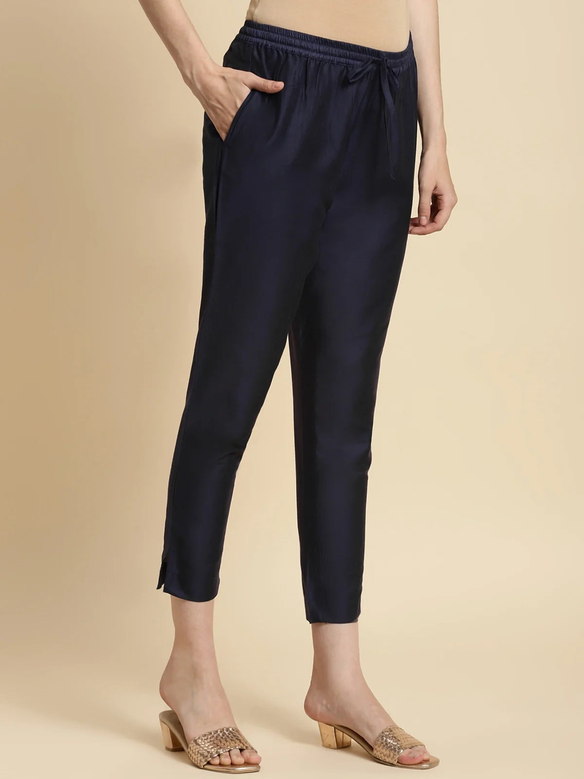 Buy Solid Ankle Length Pencil Pants (Pack of 2)-Cream & Navy Blue