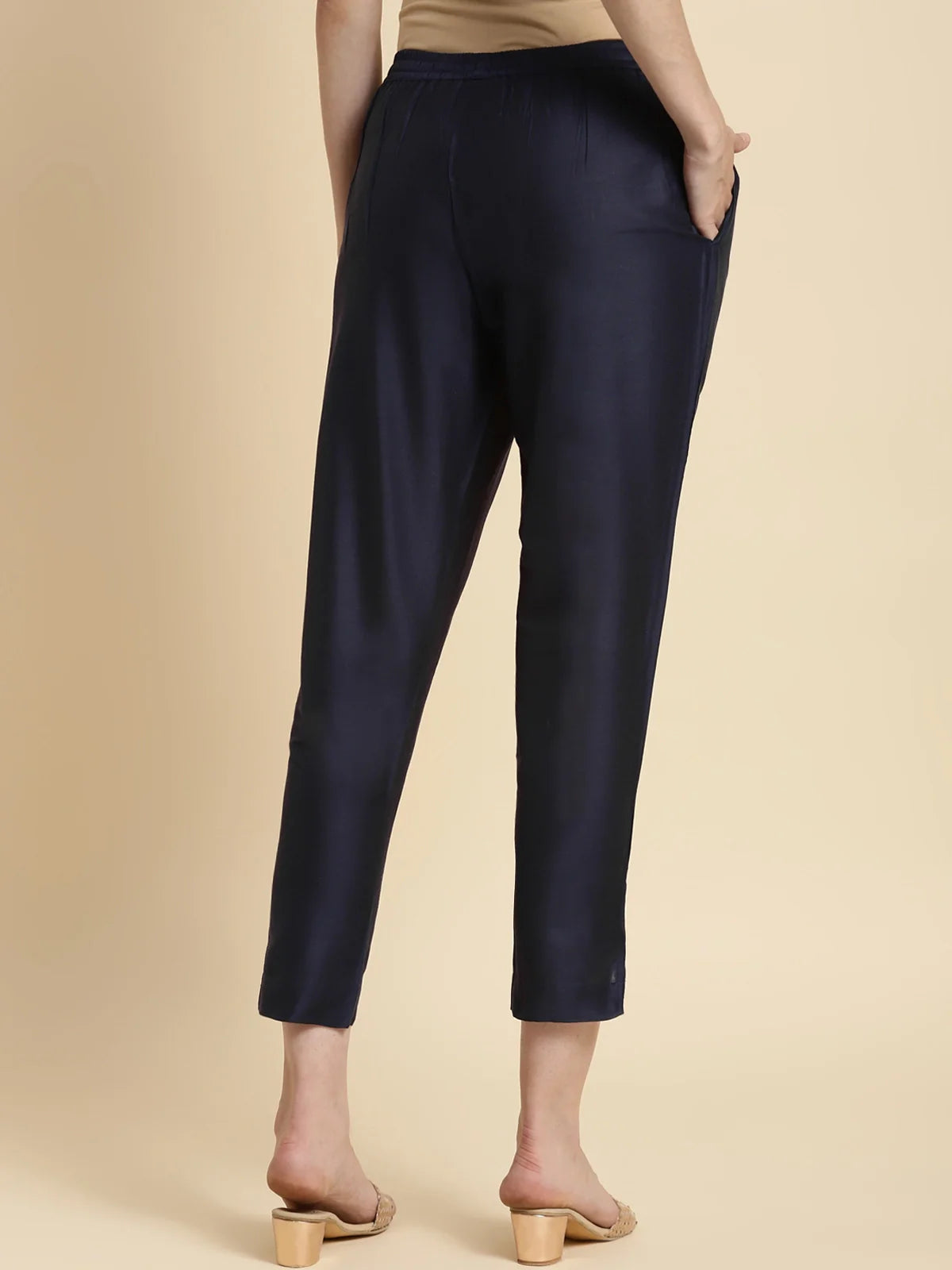 Buy Solid Ankle Length Pencil Pants (Pack of 2)-Cream & Navy Blue