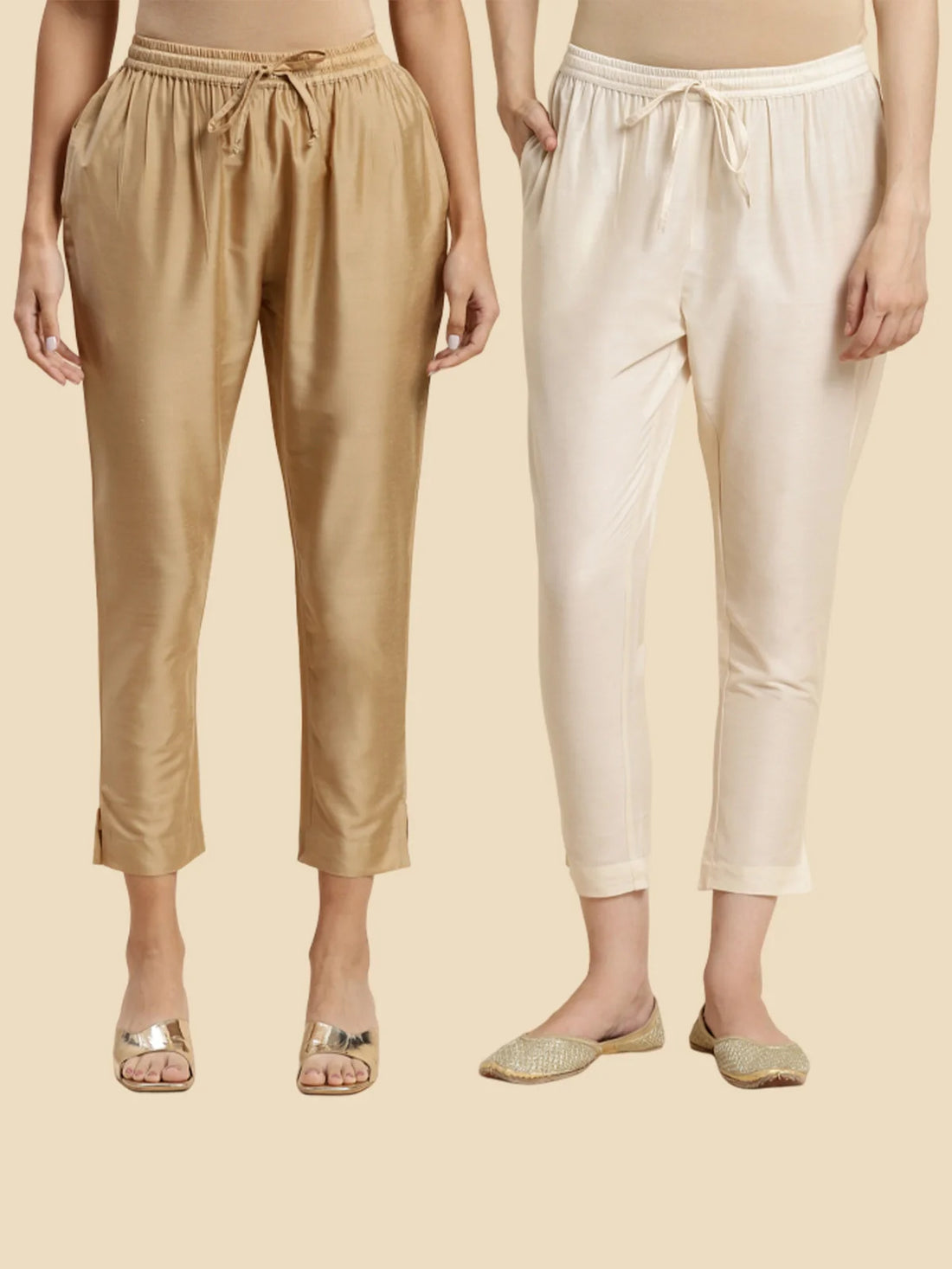 Buy Solid Ankle Length Pencil Pants (Pack of 2)-Cream & Gold