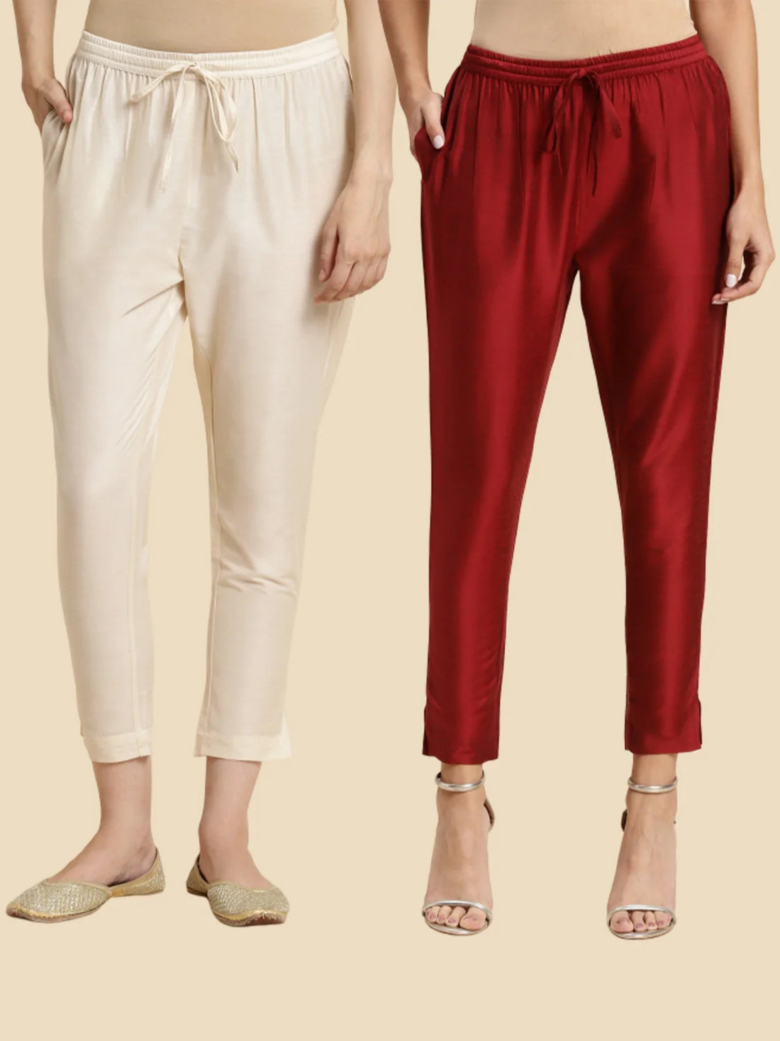 Buy Solid Ankle Length Pencil Pants (Pack of 2)-Cream & Maroon
