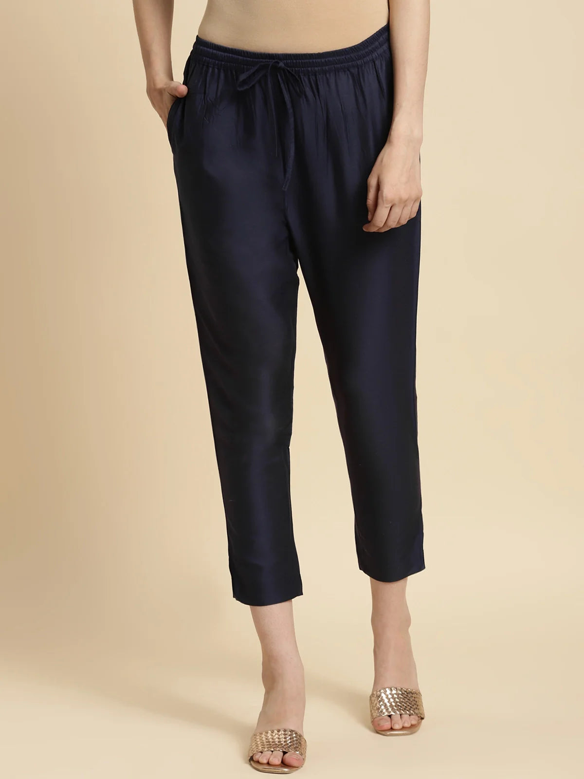 Buy Solid Ankle Length Pencil Pant-Navy Blue