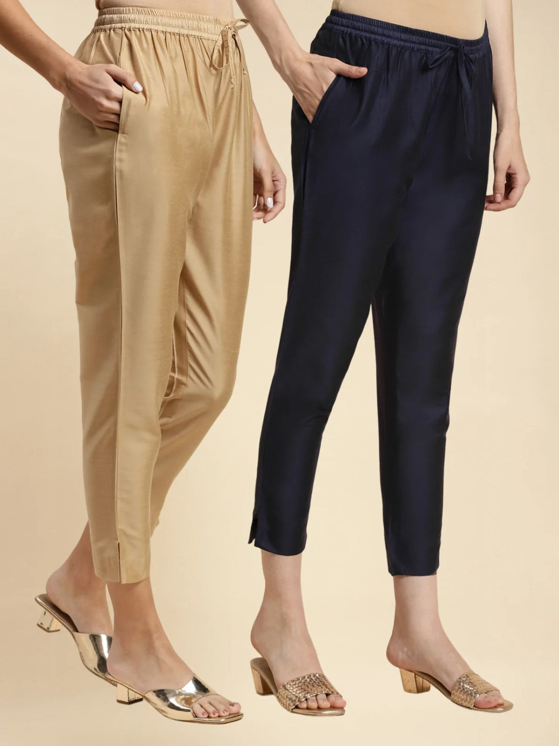 Buy Solid Ankle Length Pencil Pants (Pack of 2)-Navy Blue & Beige