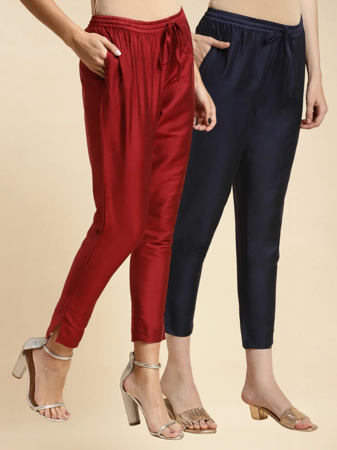 Buy Solid Ankle Length Pencil Pants (Pack of 2)-Navy Blue & Maroon