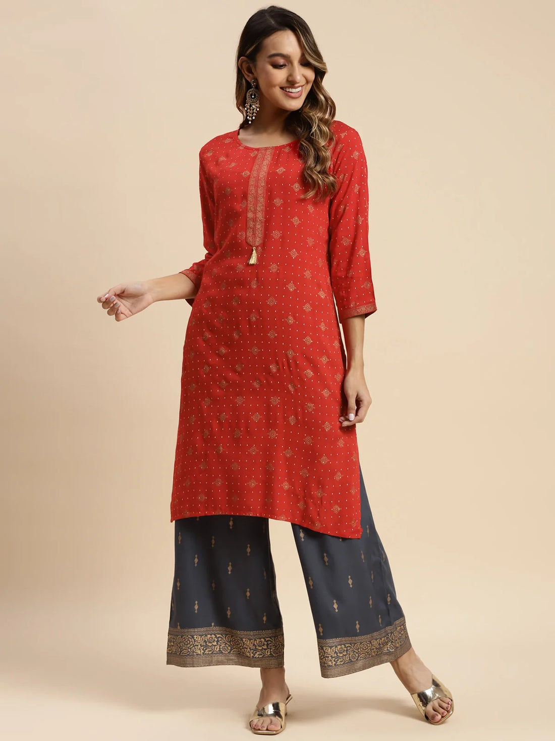 Buy Rayon All Over Gold Ethnic Print Calf Length Straight Kurta-Red