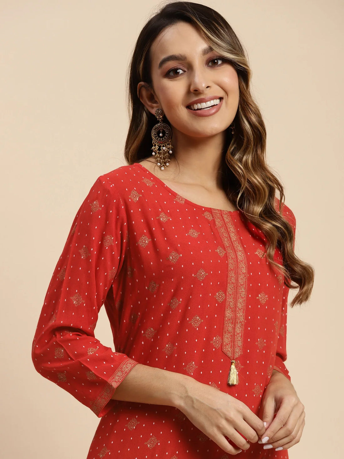 Buy Rayon All Over Gold Ethnic Print Calf Length Straight Kurta-Red